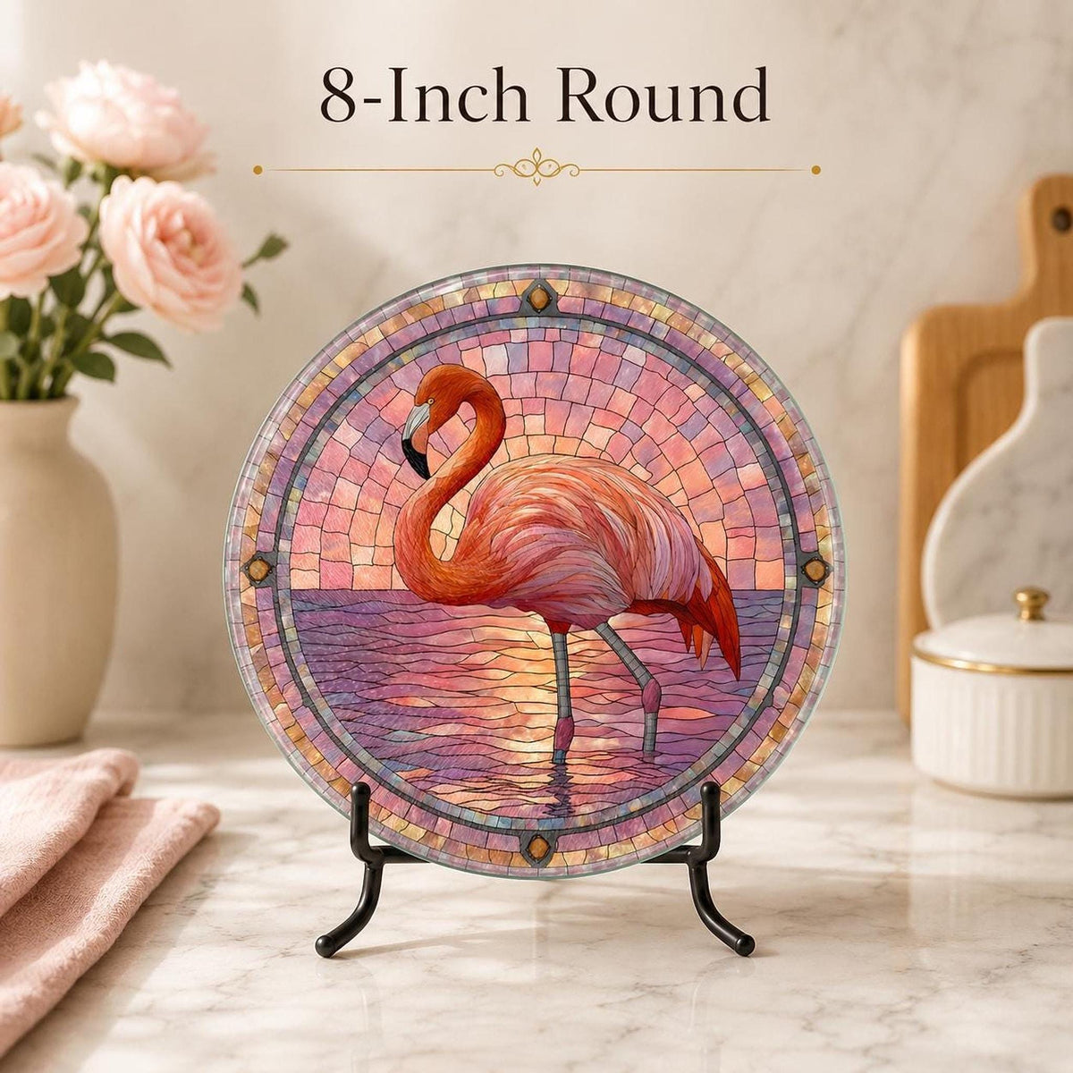 Serving Cheese Board, Pink Tempered Glass with Flamingo Stained-Glass Design