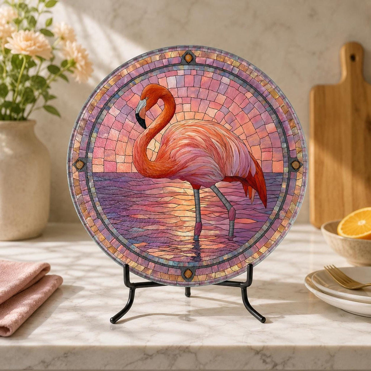 Serving Cheese Board, Pink Tempered Glass with Flamingo Stained-Glass Design