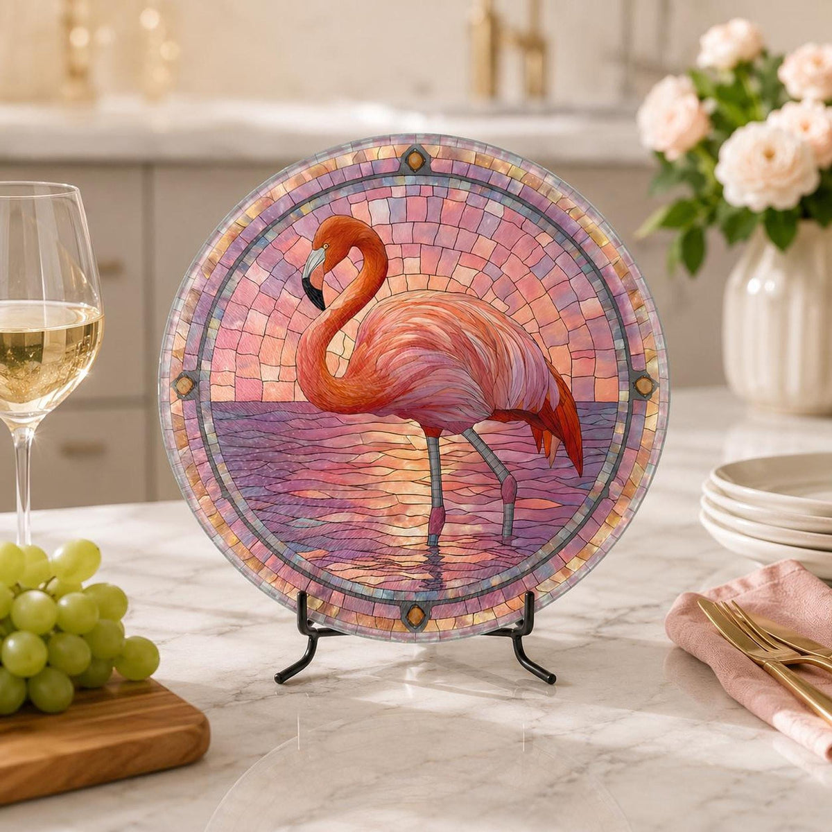 Serving Cheese Board, Pink Tempered Glass with Flamingo Stained-Glass Design