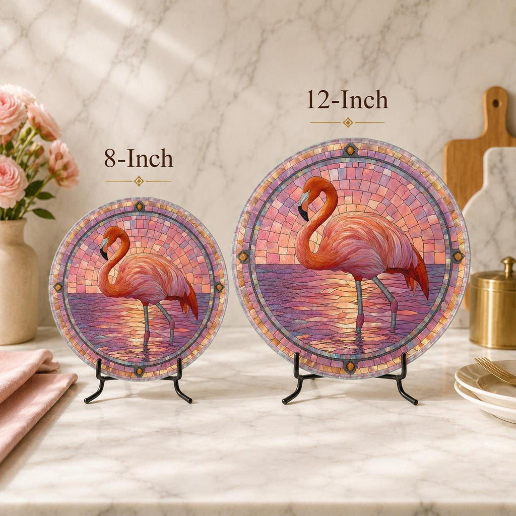 Serving Cheese Board, Pink Tempered Glass with Flamingo Stained-Glass Design