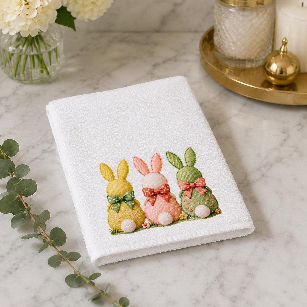 Easter Bunny Hand Towel, Pastel Rabbit Trio Decor, Spring Guest Bath Accent