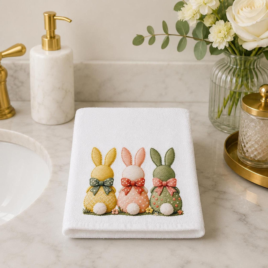 Easter Bunny Hand Towel, Pastel Rabbit Trio Decor, Spring Guest Bath Accent
