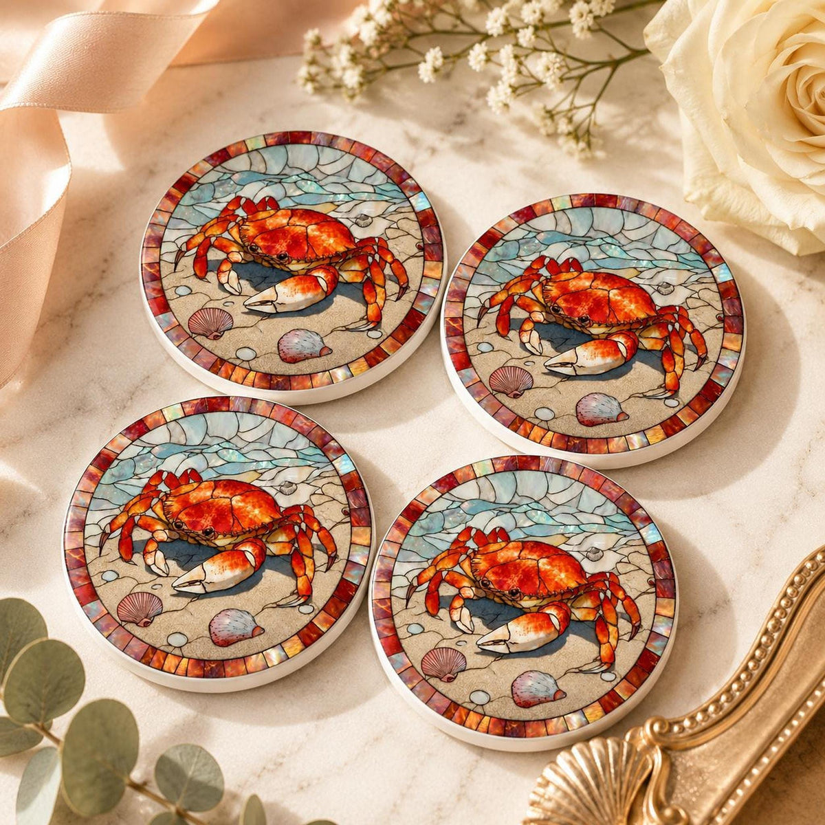 Crab Ceramic Coaster, Coastal Beach Decor, Nautical Ocean Accent, Seafood Lover Gift