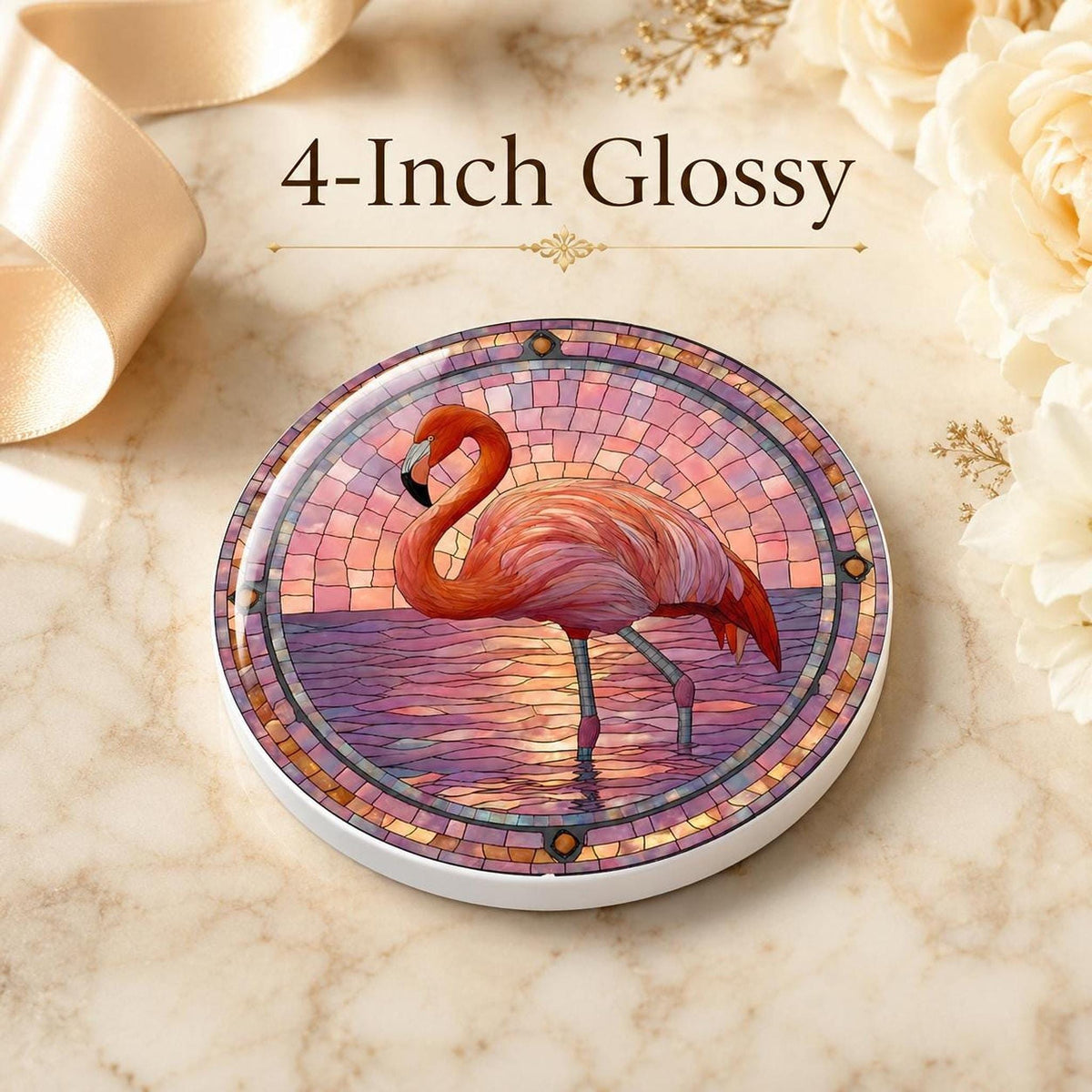 Flamingo Table Decor Ceramic Coaster, Pink Mosaic Artwork with Cork Backing