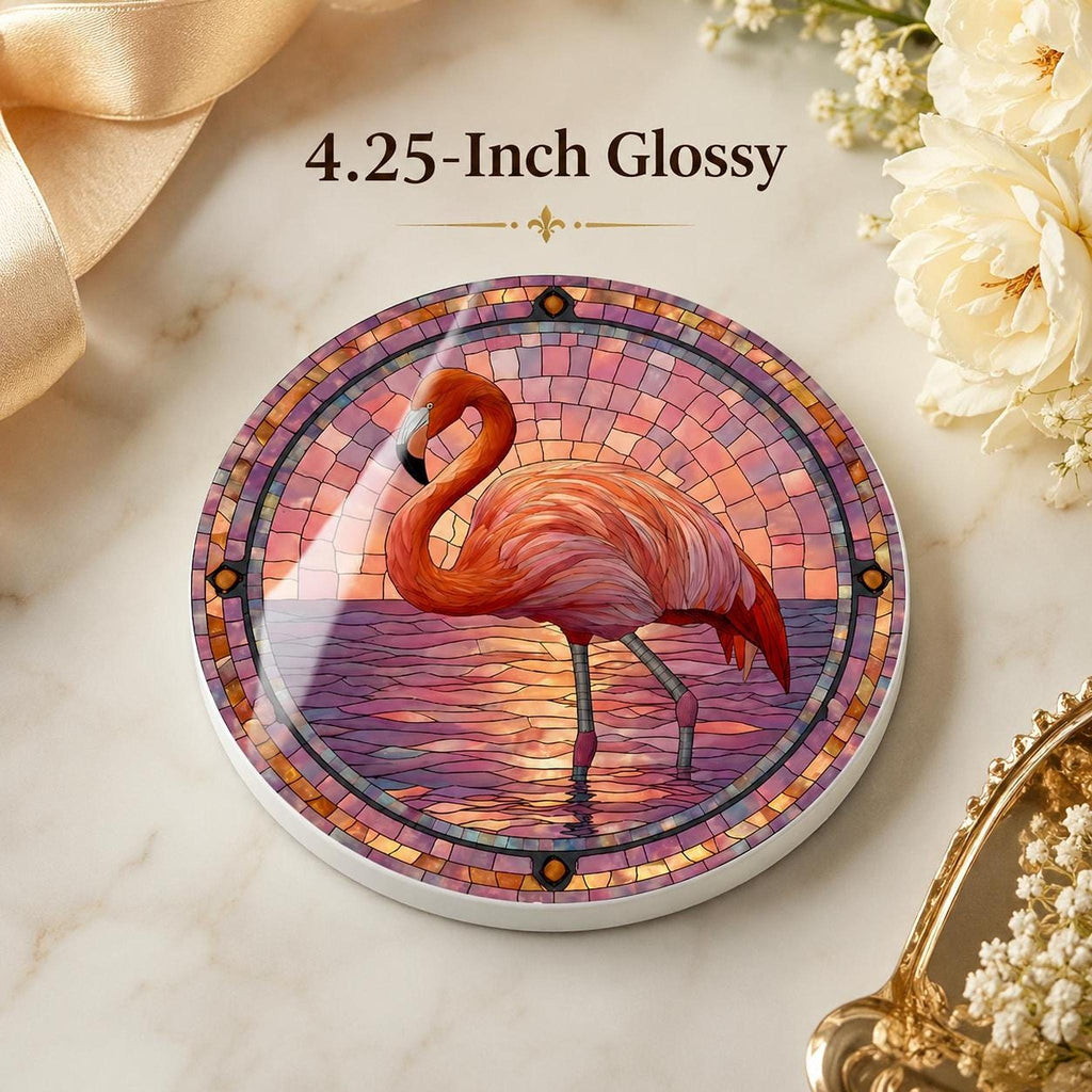 Flamingo Table Decor Ceramic Coaster, Pink Mosaic Artwork with Cork Backing