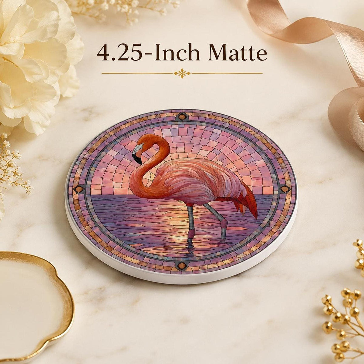 Flamingo Table Decor Ceramic Coaster, Pink Mosaic Artwork with Cork Backing
