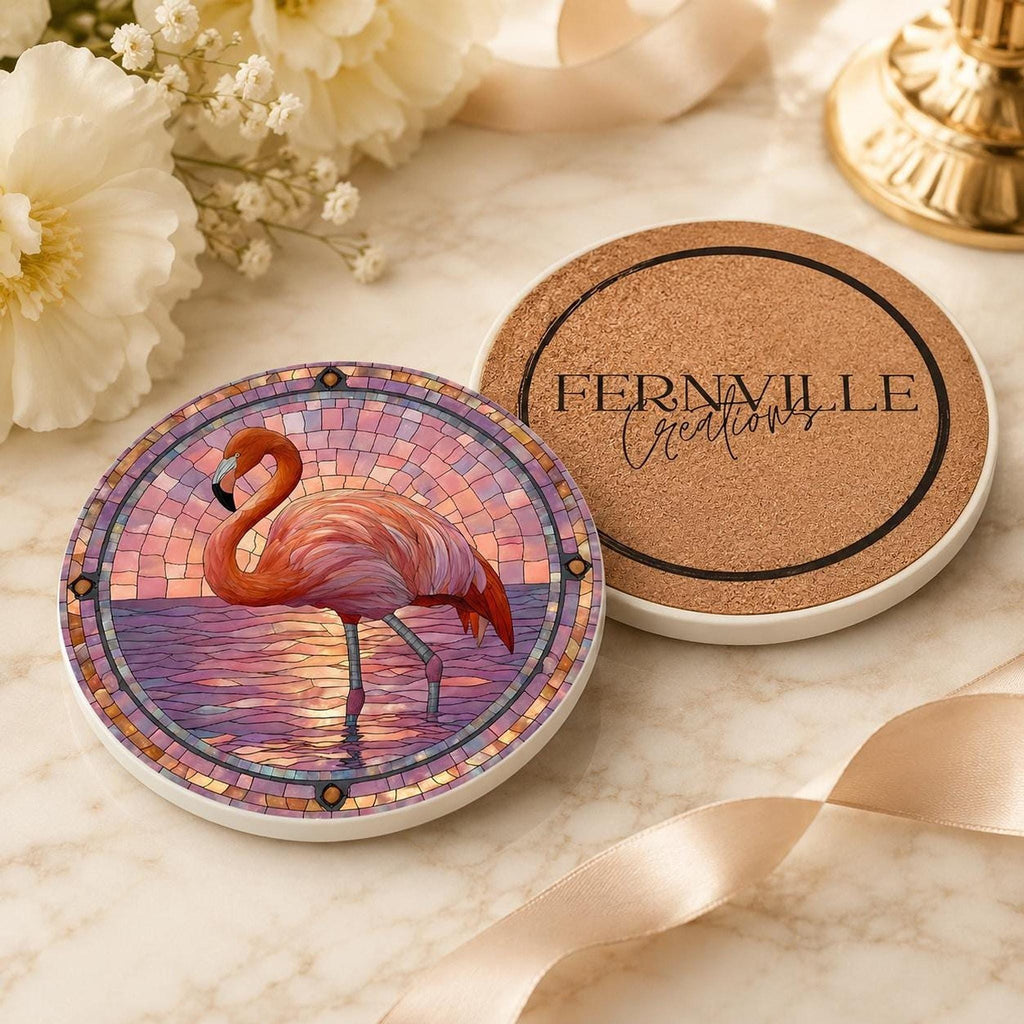 Flamingo Table Decor Ceramic Coaster, Pink Mosaic Artwork with Cork Backing