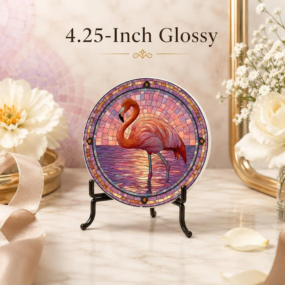 Flamingo Table Decor Ceramic Coaster, Pink Mosaic Artwork with Cork Backing