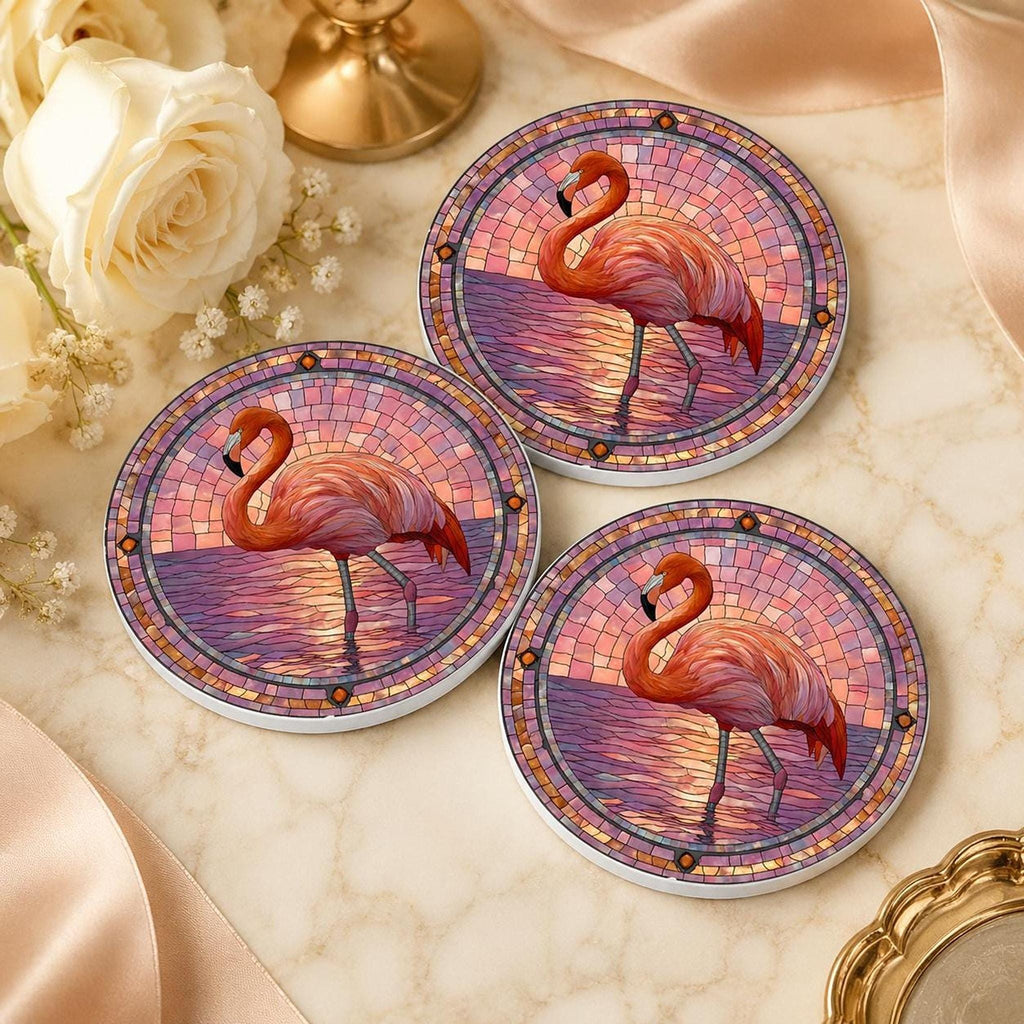 Flamingo Table Decor Ceramic Coaster, Pink Mosaic Artwork with Cork Backing