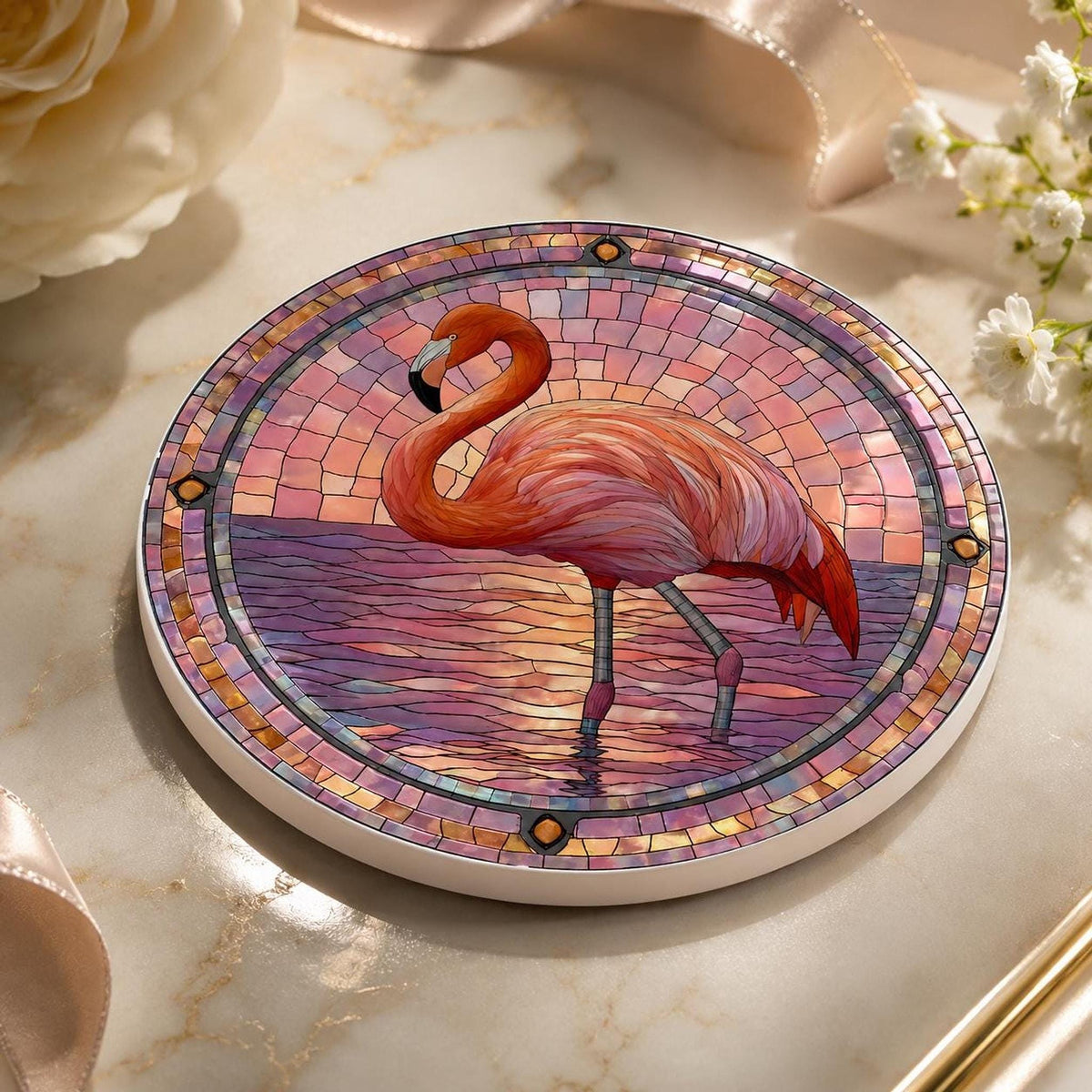 Flamingo Table Decor Ceramic Coaster, Pink Mosaic Artwork with Cork Backing