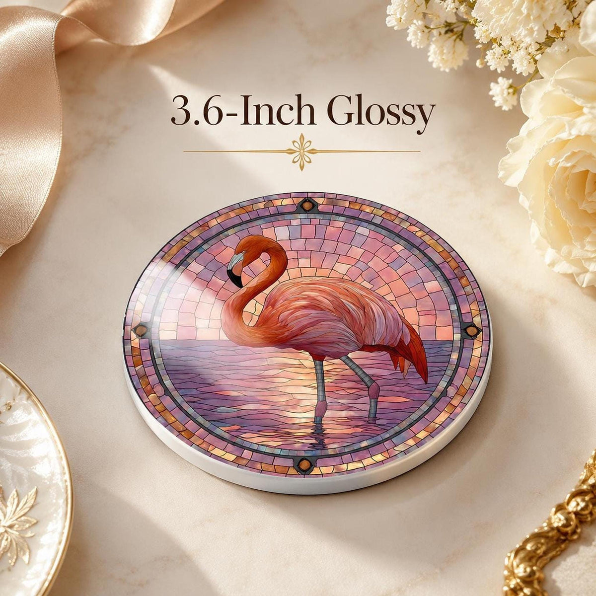 Flamingo Table Decor Ceramic Coaster, Pink Mosaic Artwork with Cork Backing