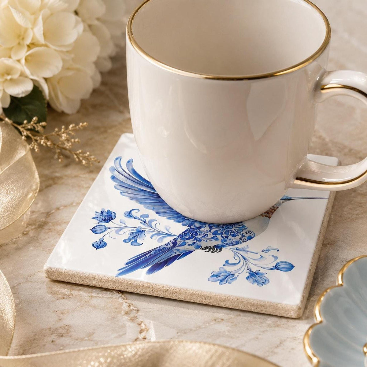 Porcelain Style Tile, Blue And White Hummingbird Coaster with Cork Back
