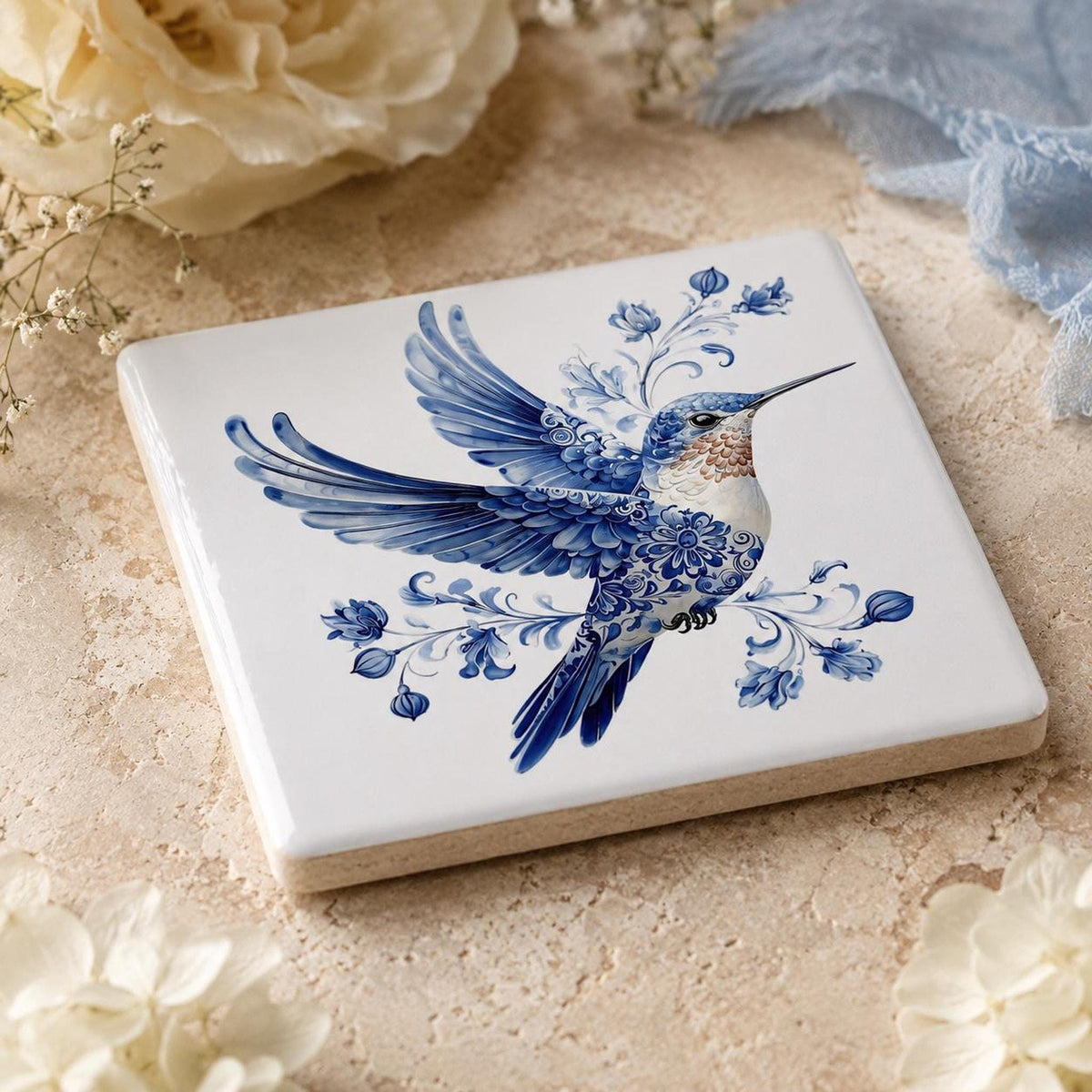 Porcelain Style Tile, Blue And White Hummingbird Coaster with Cork Back