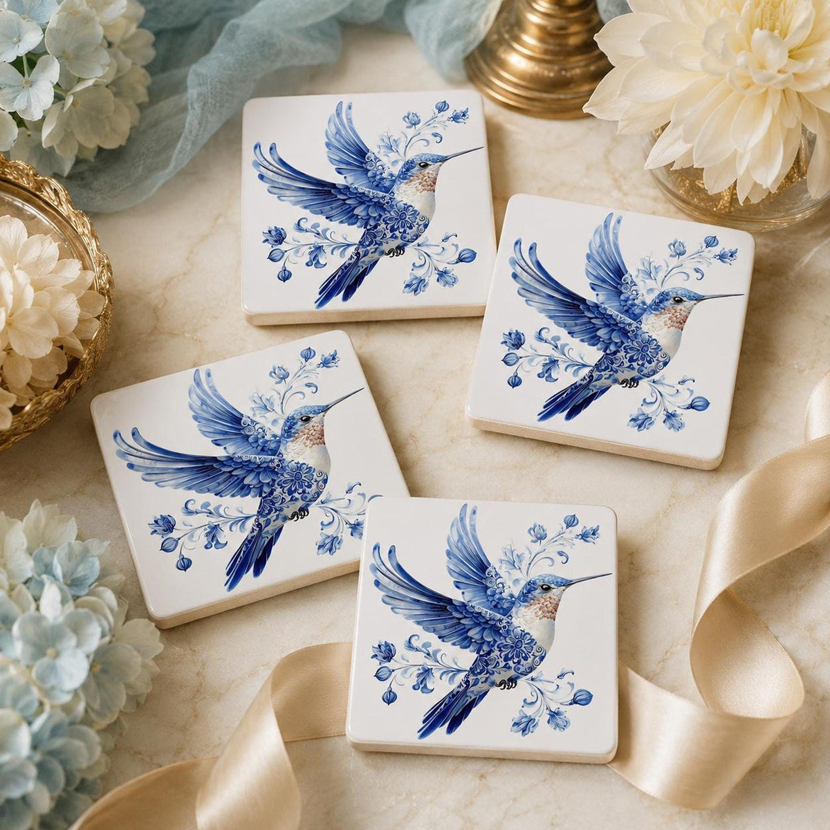Porcelain Style Tile, Blue And White Hummingbird Coaster with Cork Back