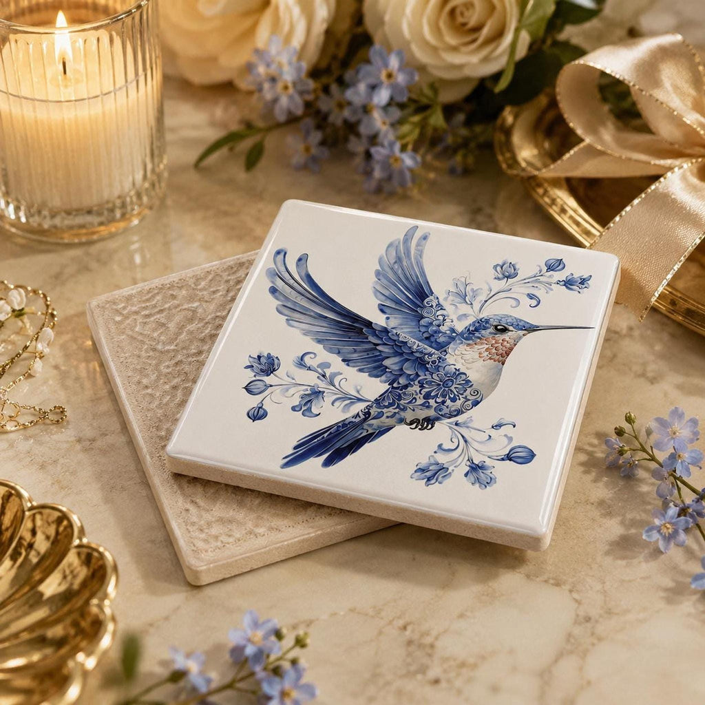 Porcelain Style Tile, Blue And White Hummingbird Coaster with Cork Back