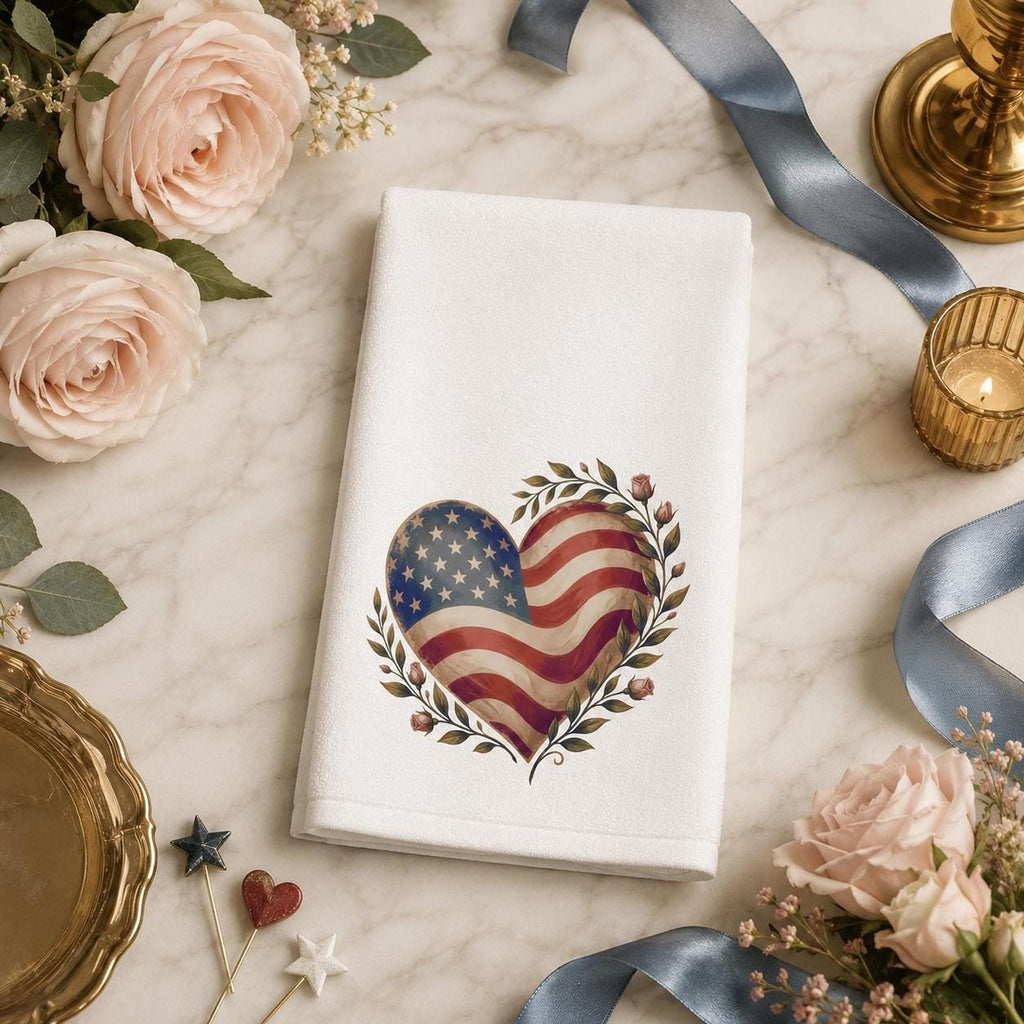 Memorial Day Decor, White Patriotic Heart Hand Towel, Cotton Terrycloth Back
