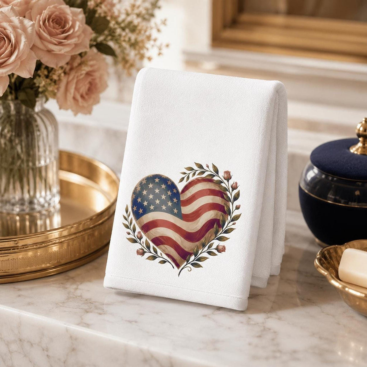 Memorial Day Decor, White Patriotic Heart Hand Towel, Cotton Terrycloth Back