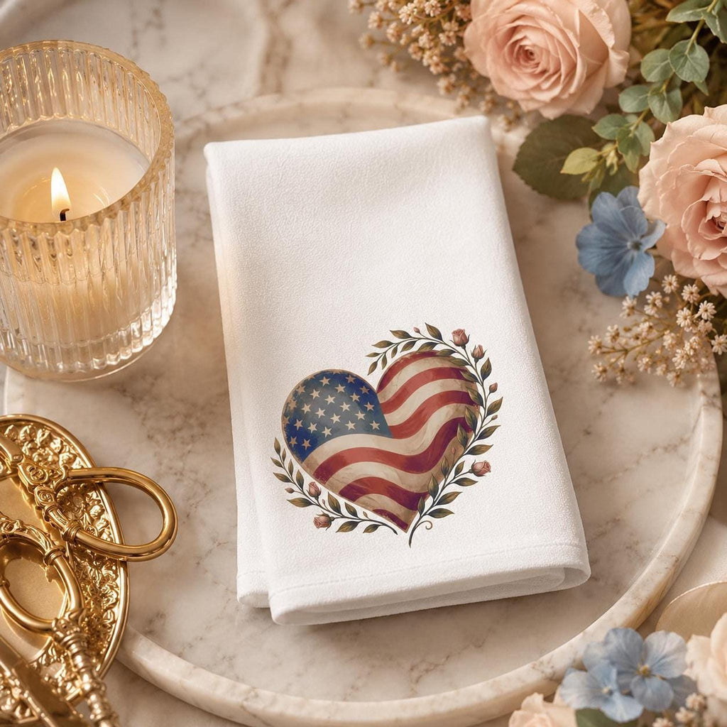 Memorial Day Decor, White Patriotic Heart Hand Towel, Cotton Terrycloth Back