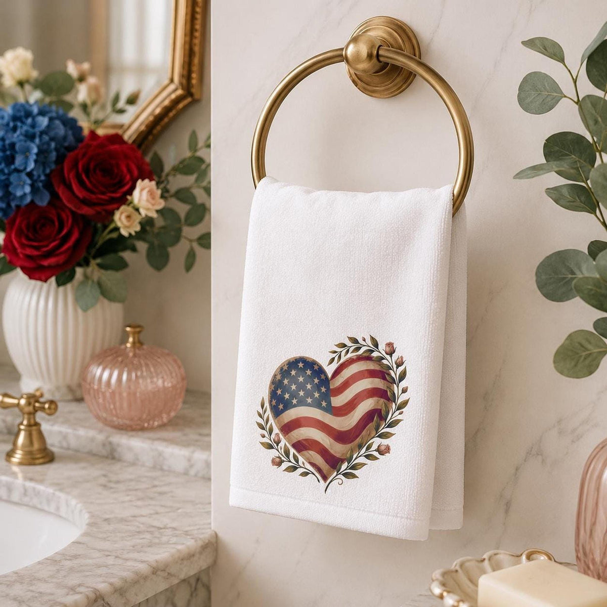 Memorial Day Decor, White Patriotic Heart Hand Towel, Cotton Terrycloth Back