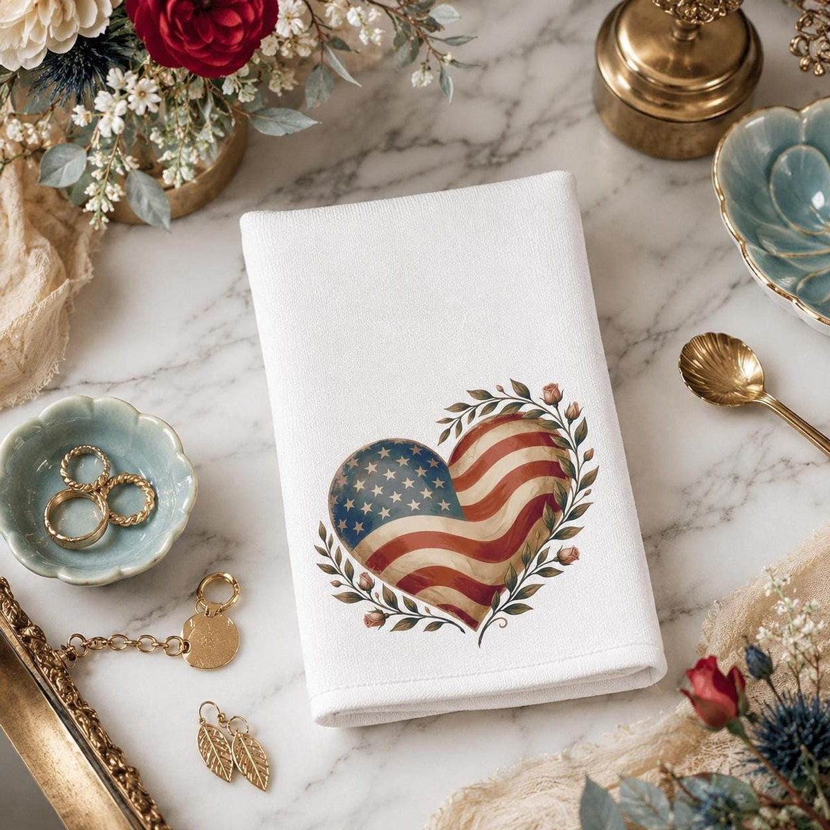 Memorial Day Decor, White Patriotic Heart Hand Towel, Cotton Terrycloth Back