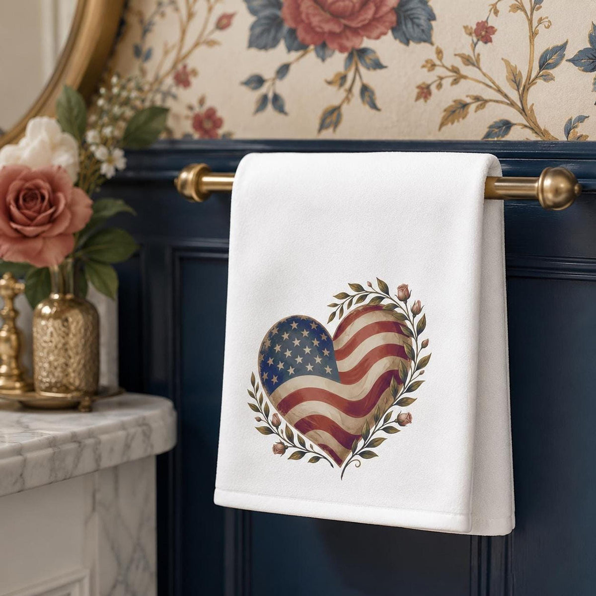 Memorial Day Decor, White Patriotic Heart Hand Towel, Cotton Terrycloth Back