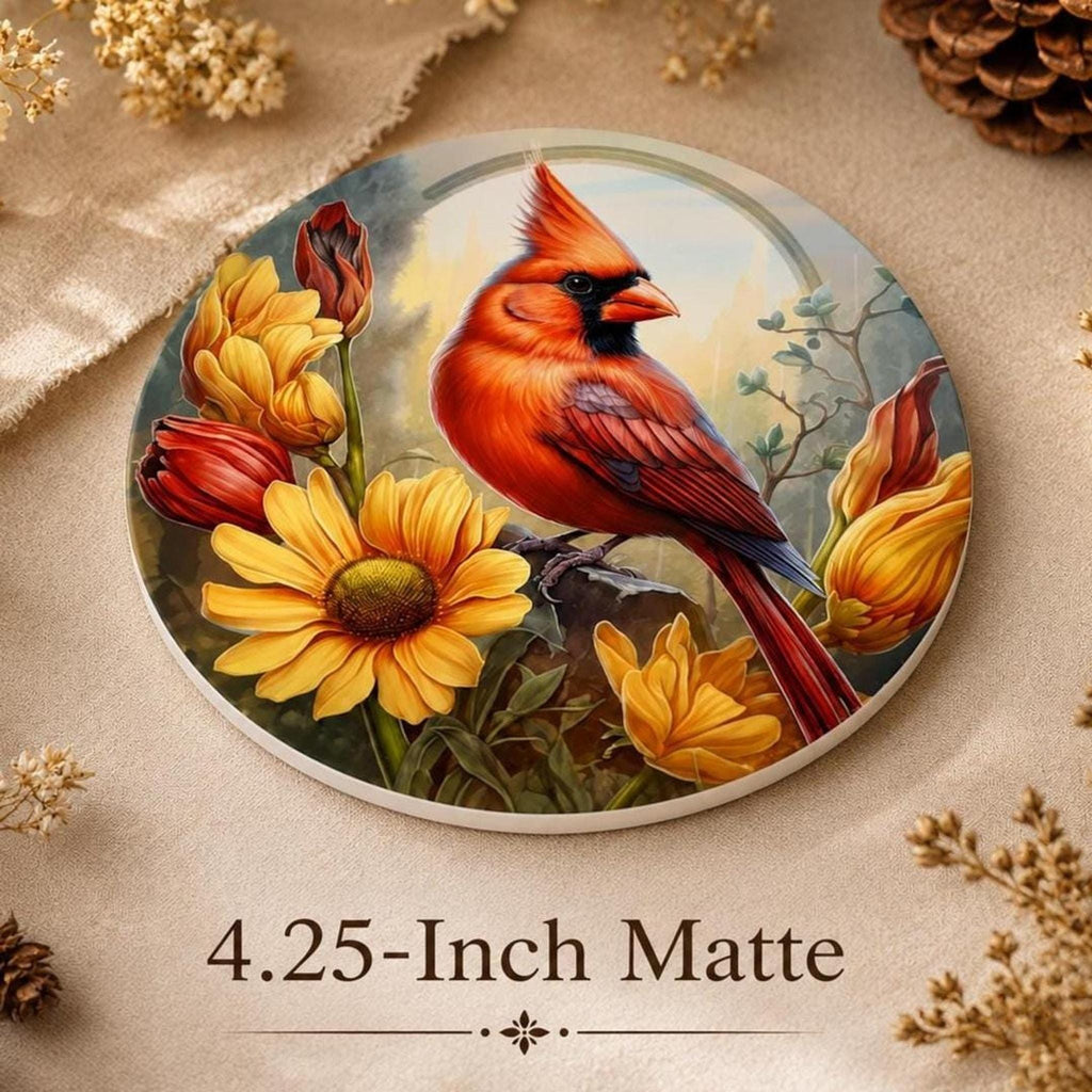 Cardinal Bird Decor Ceramic Coaster, Red Floral Artwork, Glossy Or Matte Finish