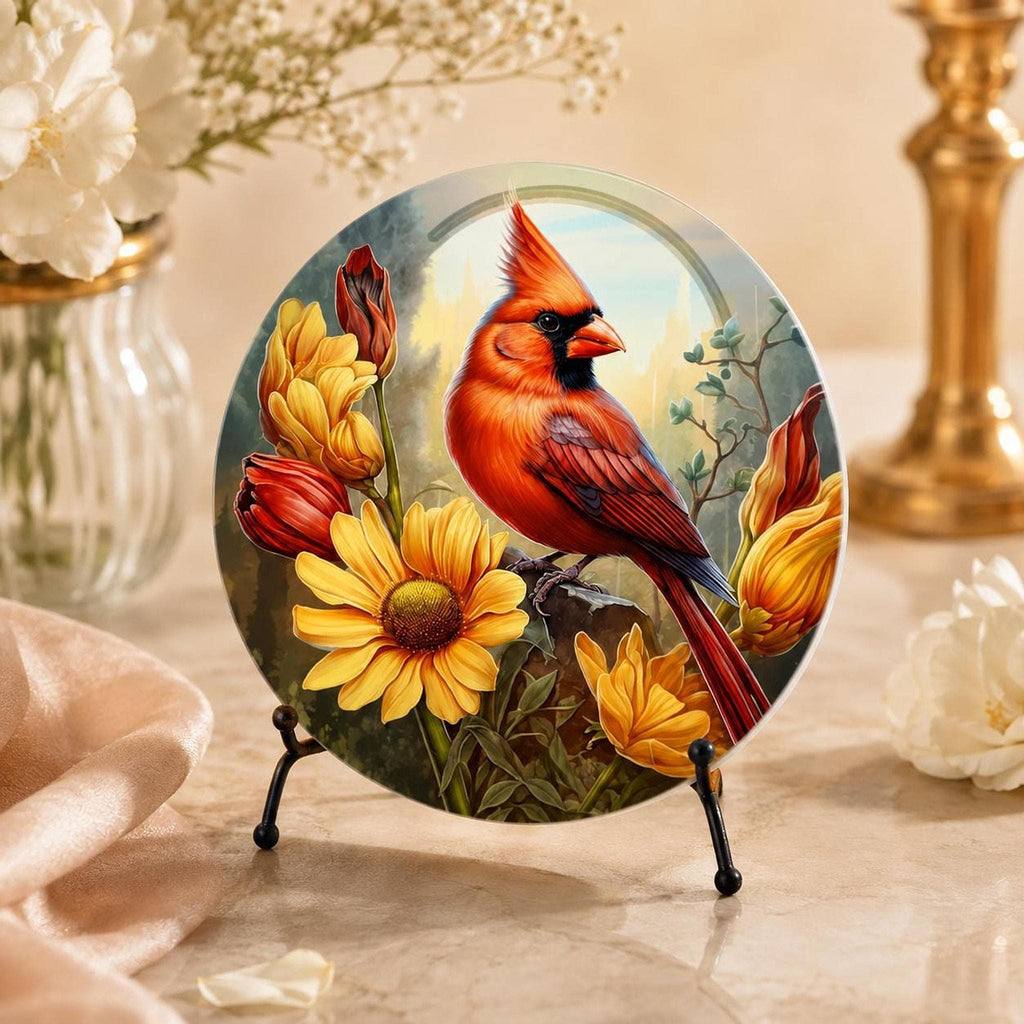 Cardinal Bird Decor Ceramic Coaster, Red Floral Artwork, Glossy Or Matte Finish