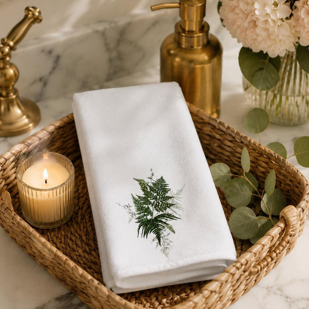 Decorative Guest Towel, Botanical Fern Design, Cotton Terrycloth Powder Room Decor