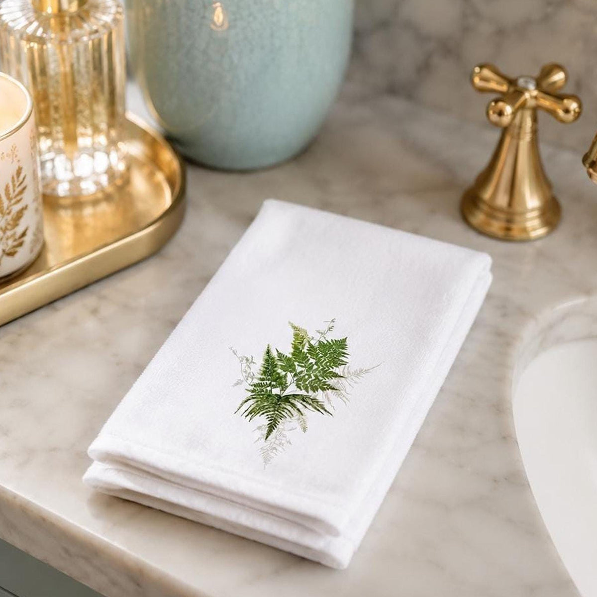 Decorative Guest Towel, Botanical Fern Design, Cotton Terrycloth Powder Room Decor