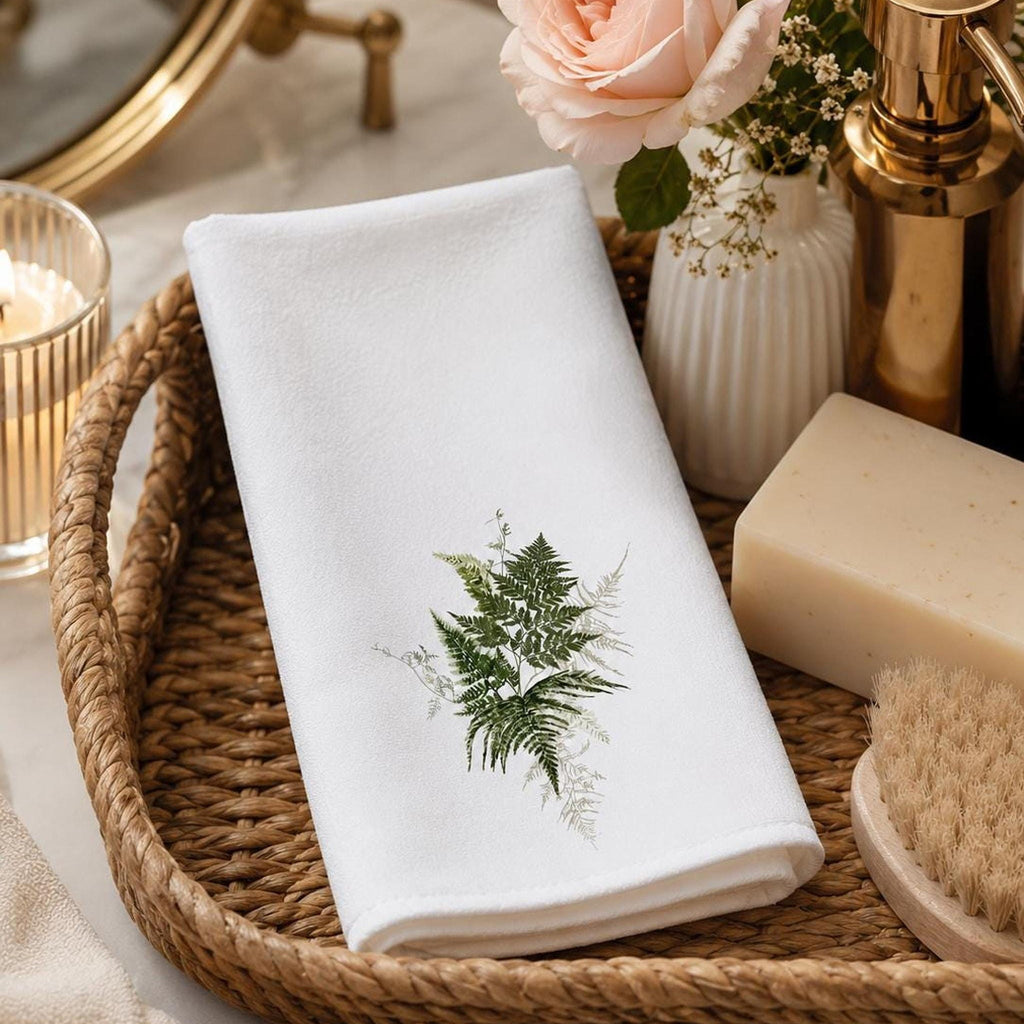 Decorative Guest Towel, Botanical Fern Design, Cotton Terrycloth Powder Room Decor
