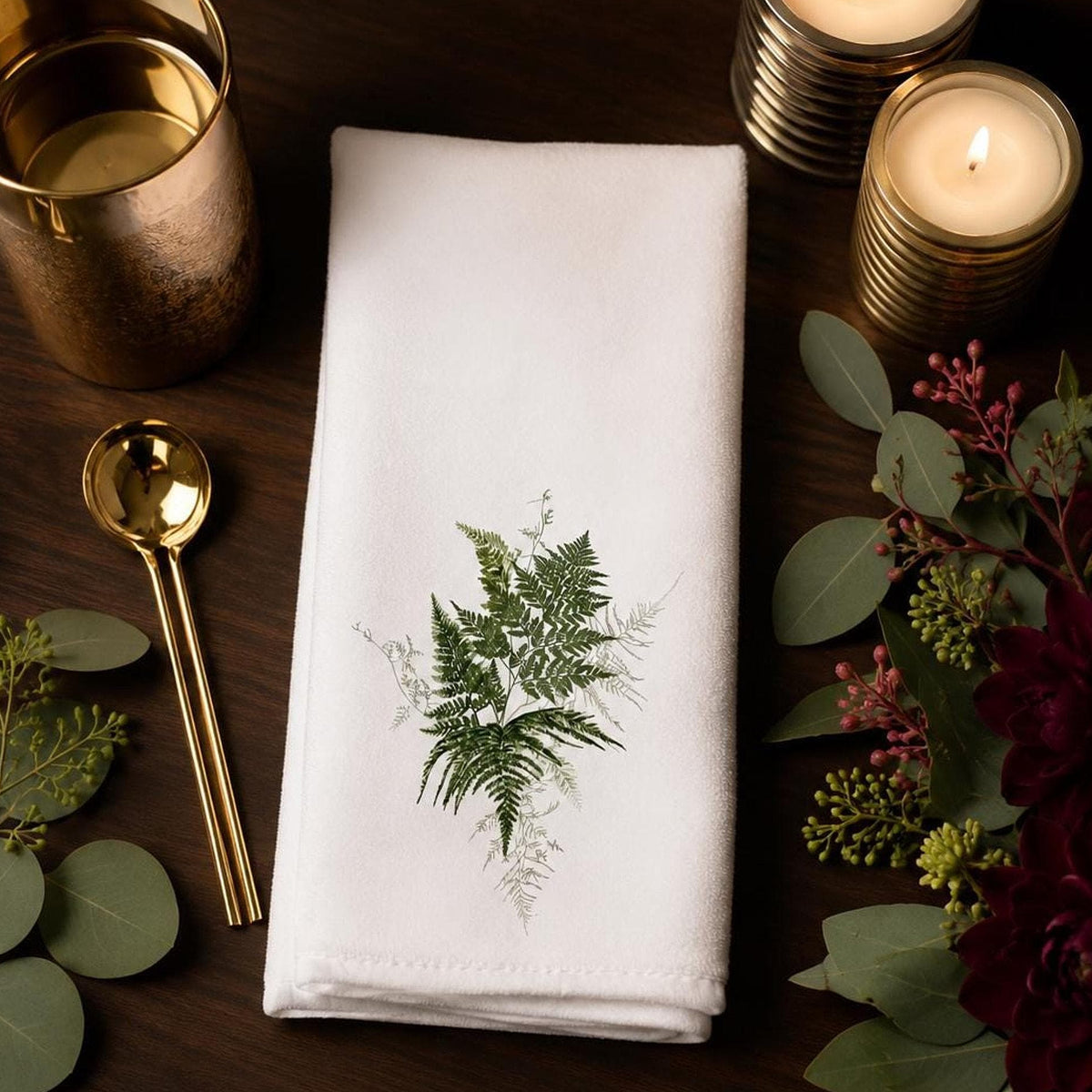Decorative Guest Towel, Botanical Fern Design, Cotton Terrycloth Powder Room Decor