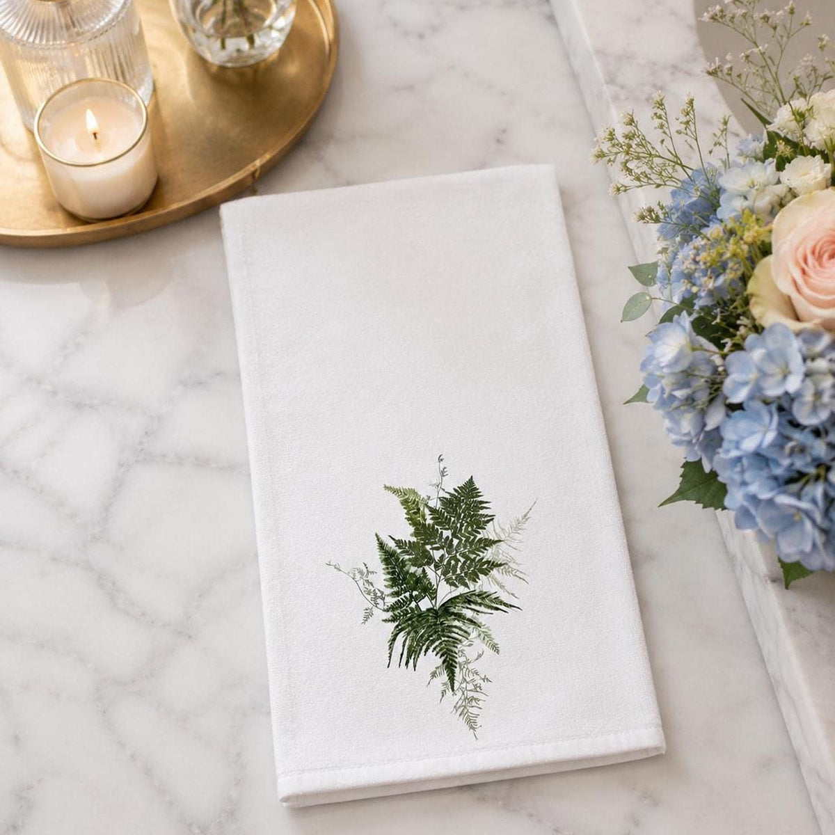 Decorative Guest Towel, Botanical Fern Design, Cotton Terrycloth Powder Room Decor