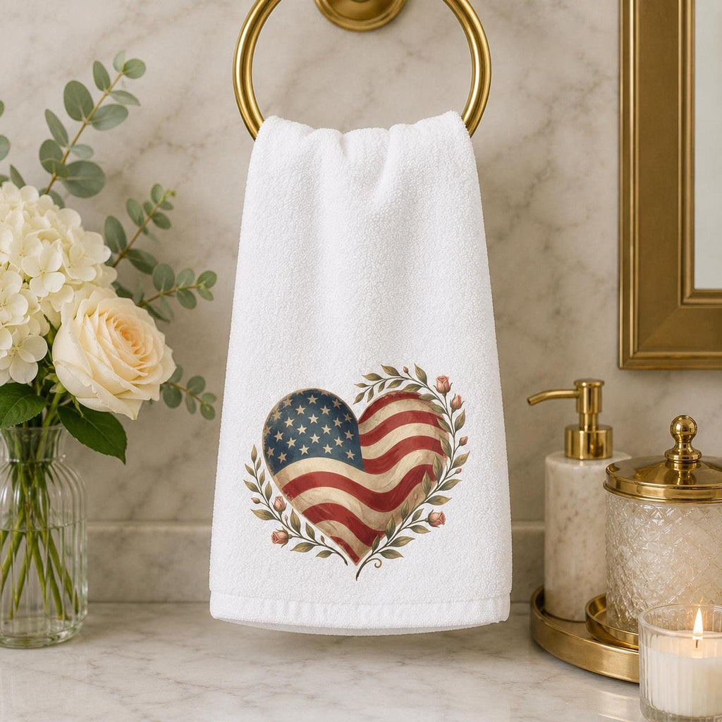 Patriotic Hand Towel, American Flag Heart Design with Cotton Terry Back
