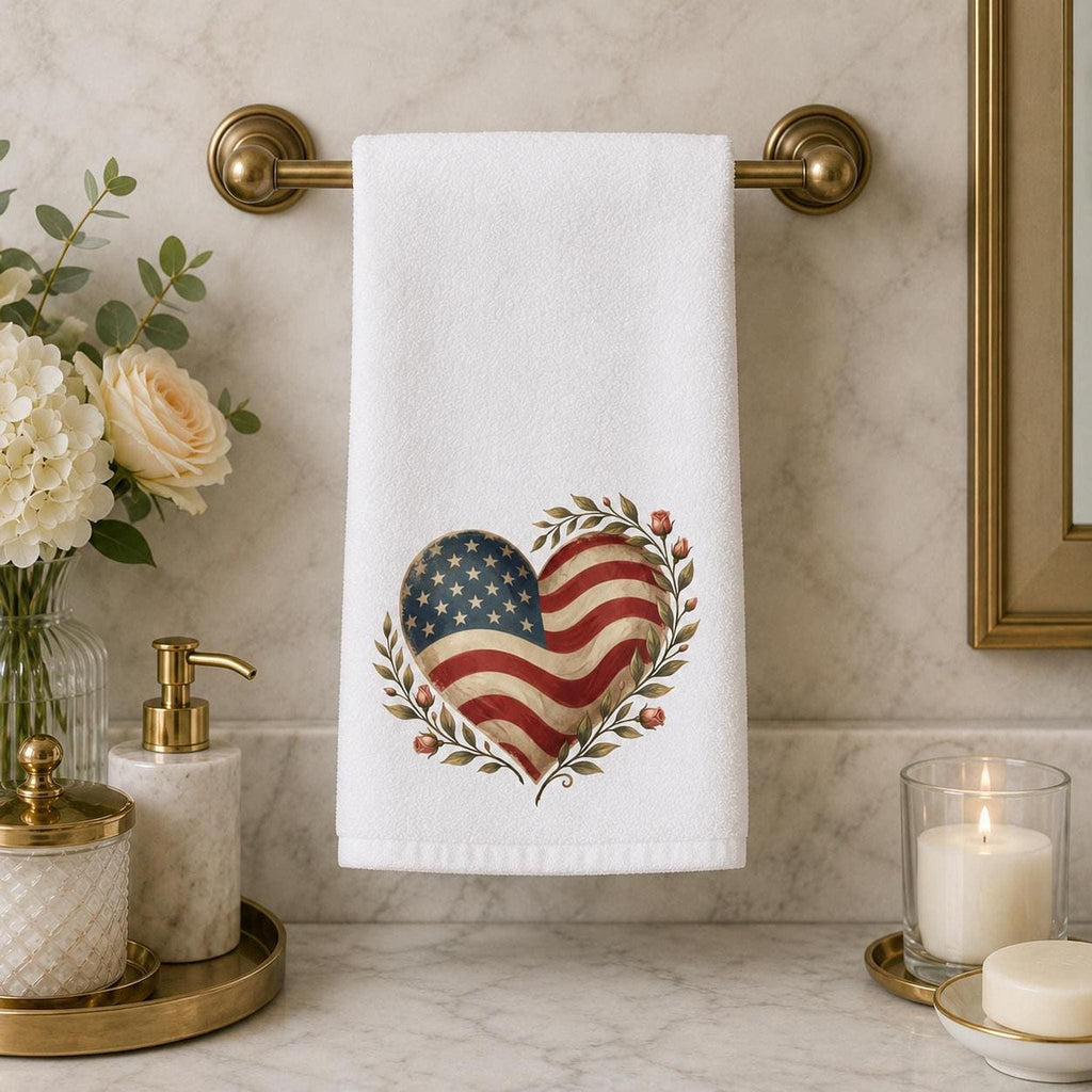Patriotic Hand Towel, American Flag Heart Design with Cotton Terry Back