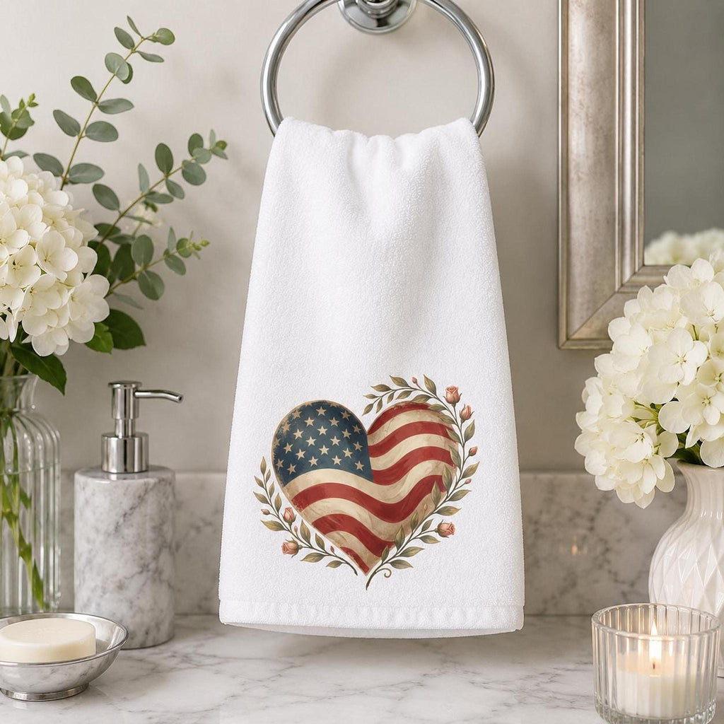 Patriotic Hand Towel, American Flag Heart Design with Cotton Terry Back