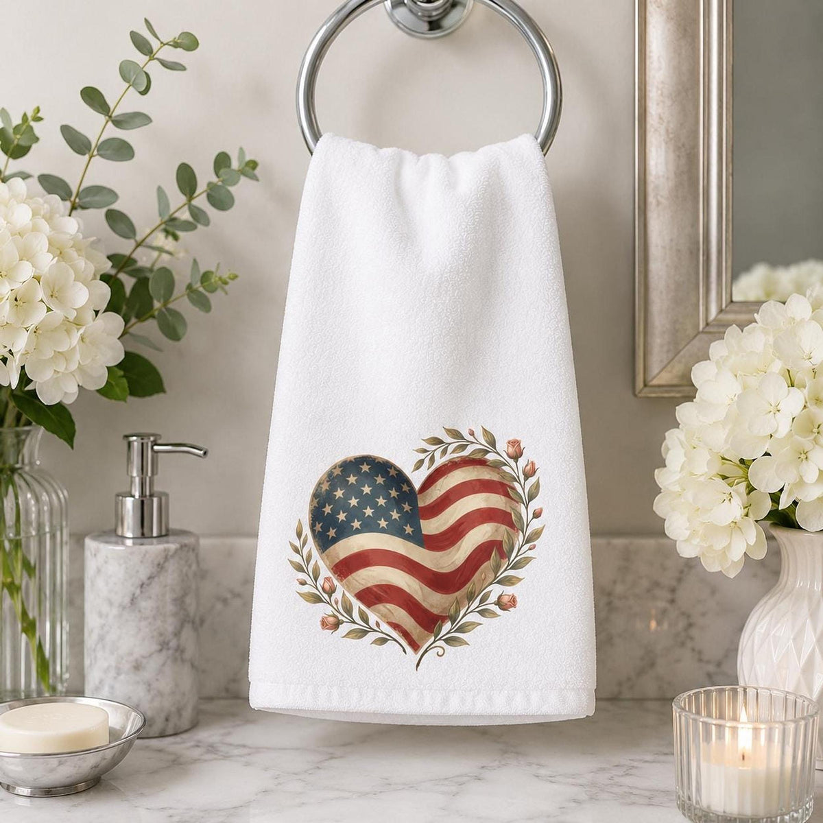 Patriotic Hand Towel, American Flag Heart Design with Cotton Terry Back