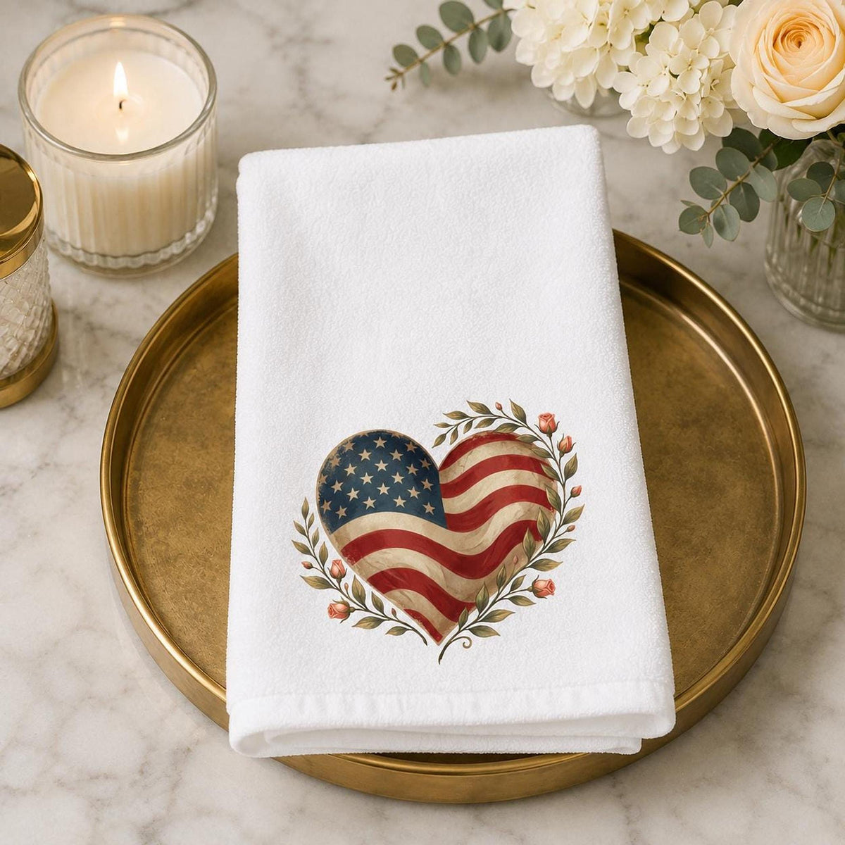 Patriotic Hand Towel, American Flag Heart Design with Cotton Terry Back