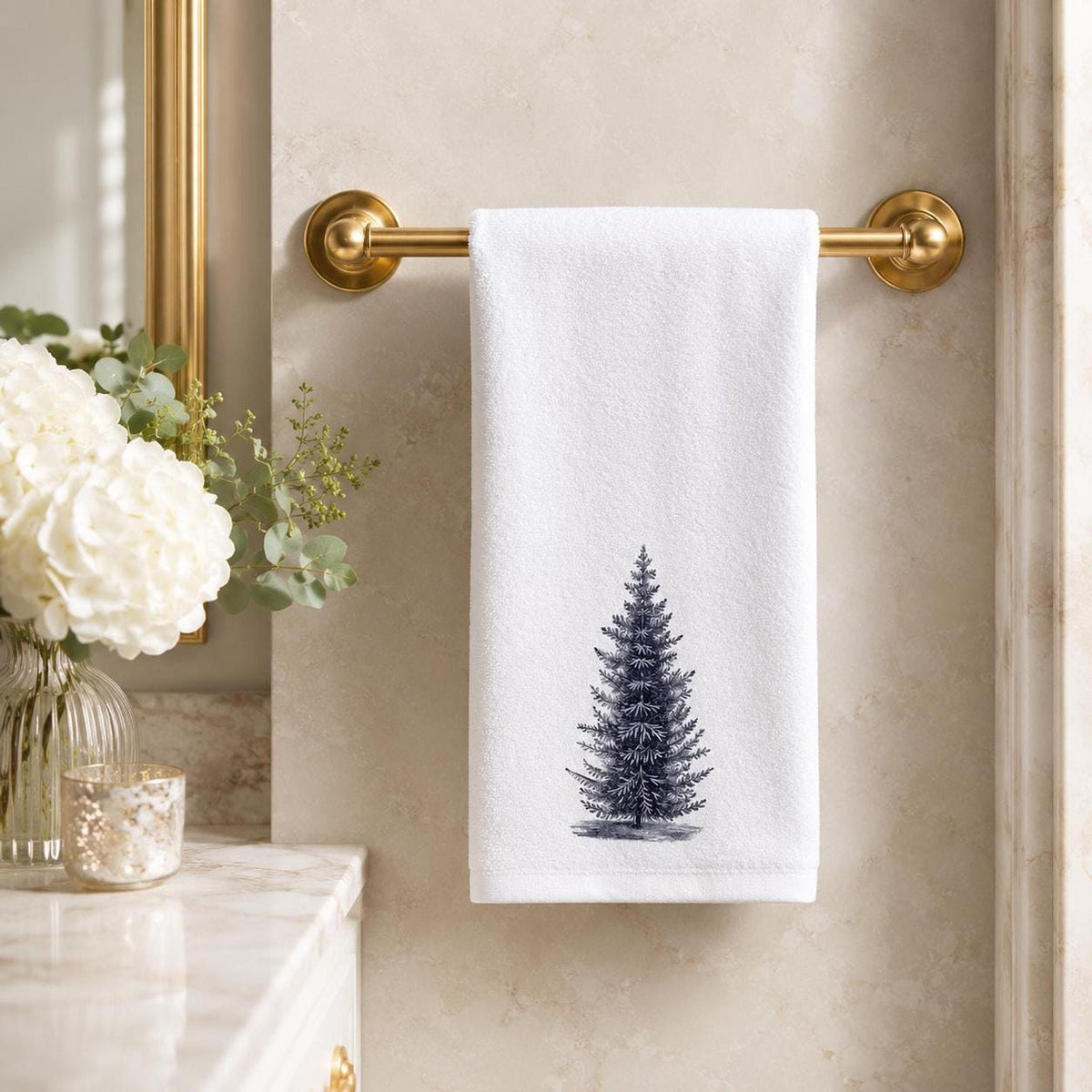 Rustic Greenery Hand Towel, Black And White Pine Design, Cotton Terrycloth Reverse