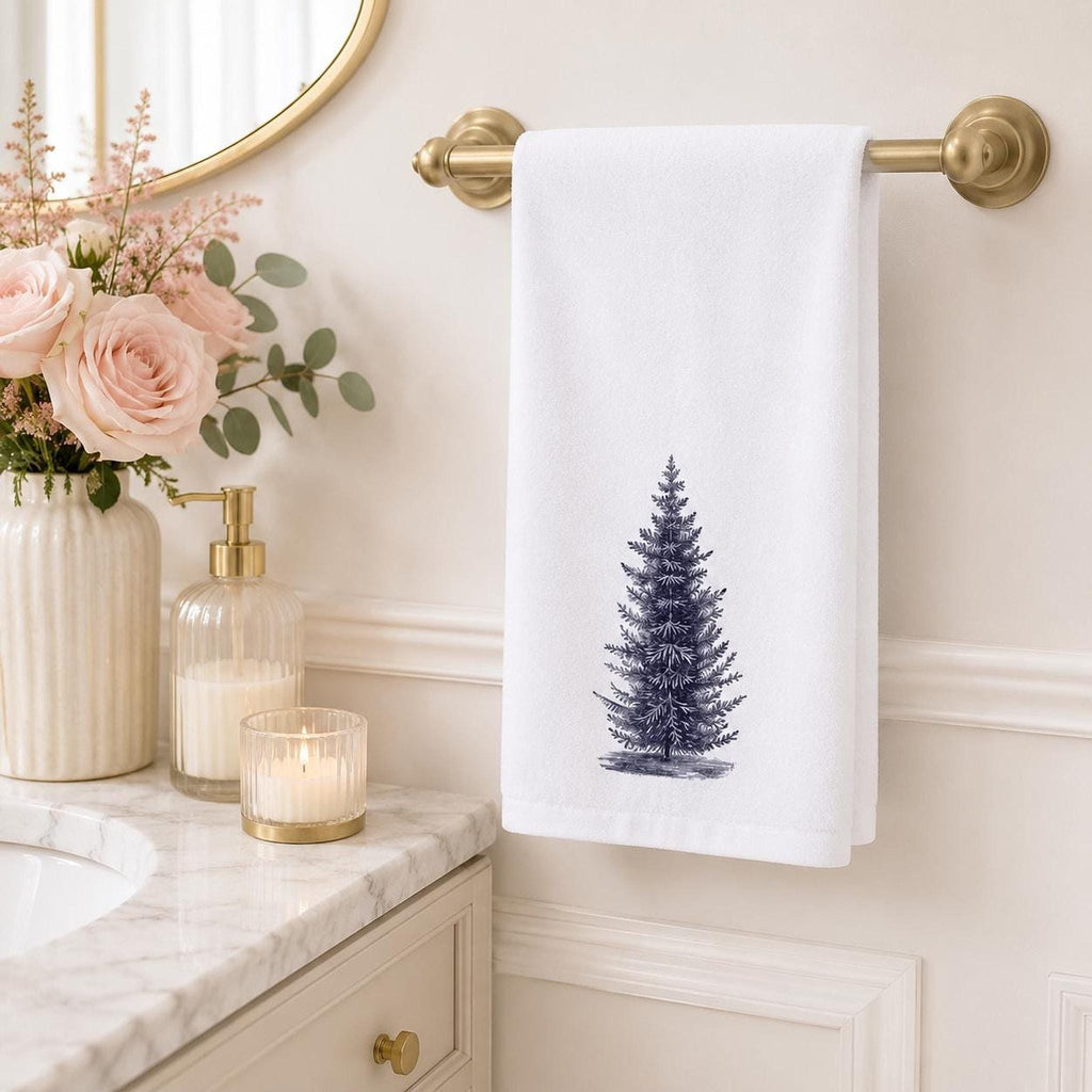 Rustic Greenery Hand Towel, Black And White Pine Design, Cotton Terrycloth Reverse