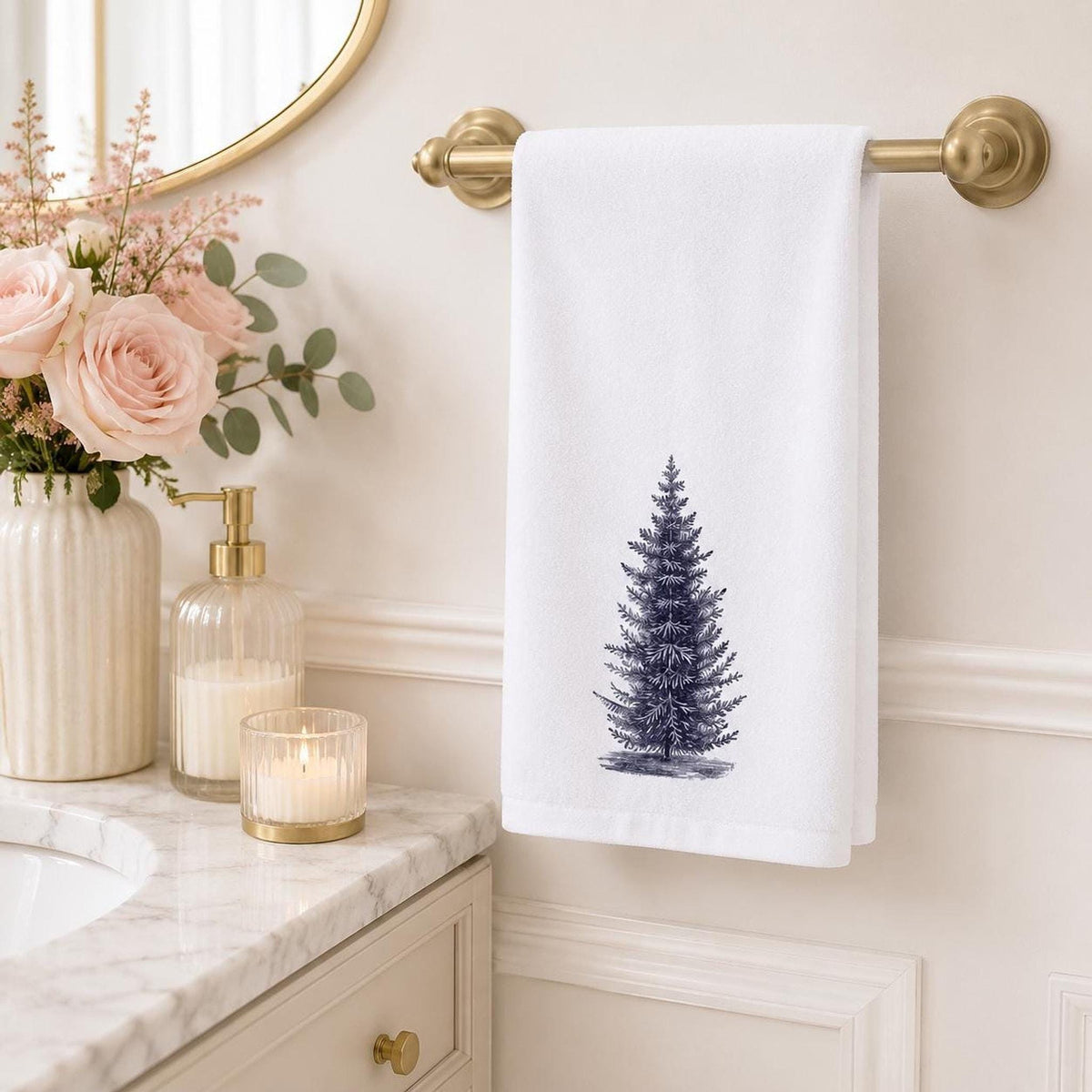 Rustic Greenery Hand Towel, Black And White Pine Design, Cotton Terrycloth Reverse