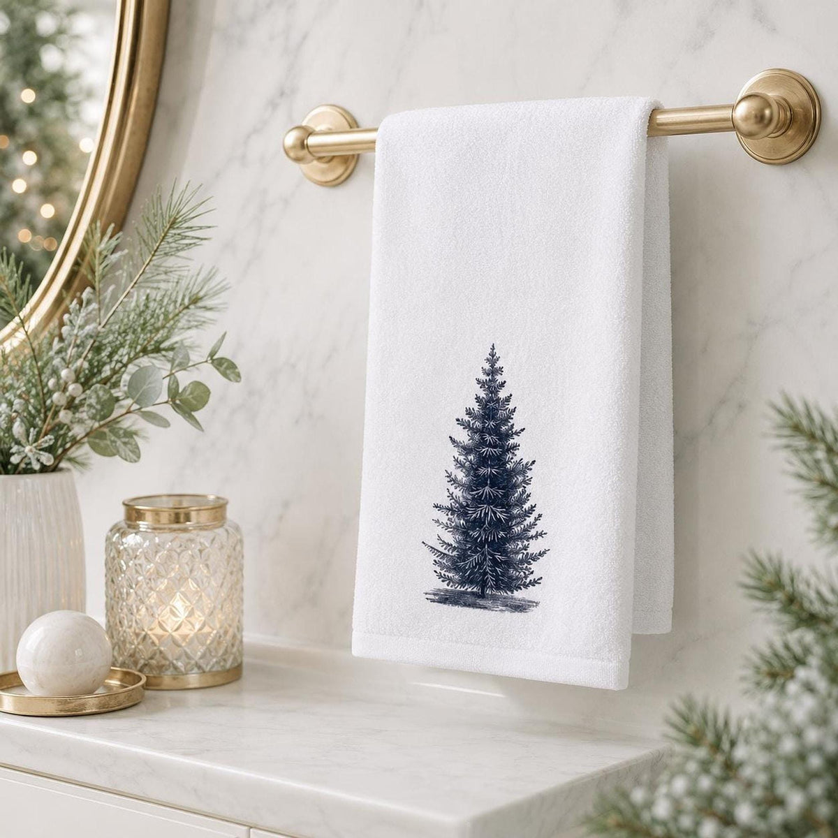 Rustic Greenery Hand Towel, Black And White Pine Design, Cotton Terrycloth Reverse