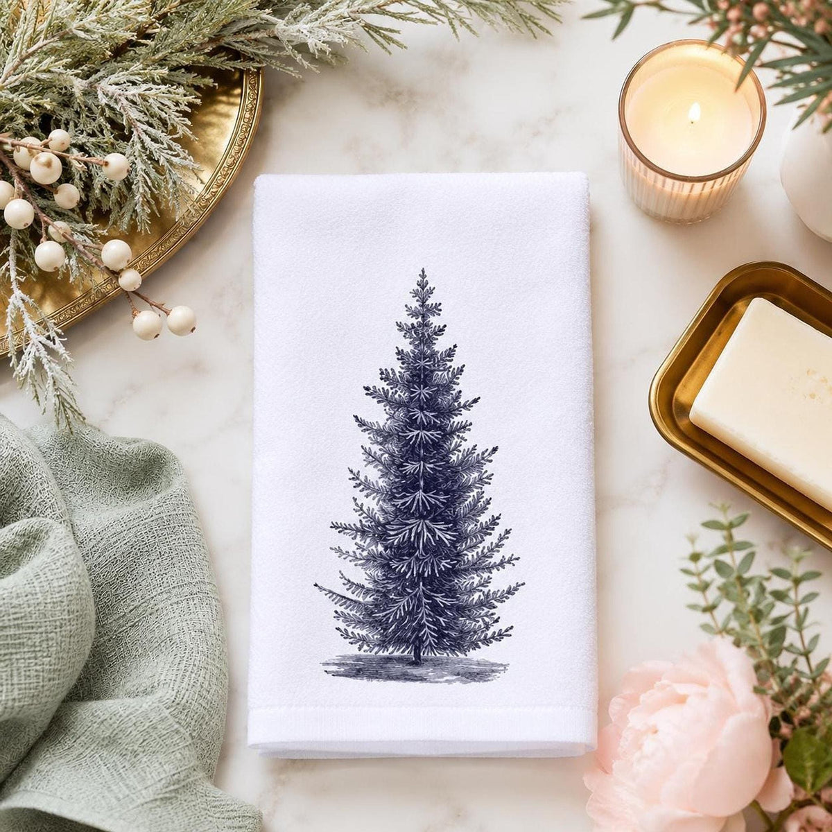 Rustic Greenery Hand Towel, Black And White Pine Design, Cotton Terrycloth Reverse