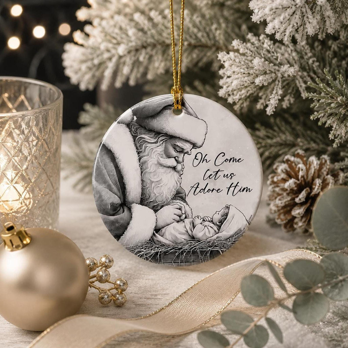 Adore Him Decor Santa And Baby Jesus Ornament, Glossy White Ceramic Keepsake