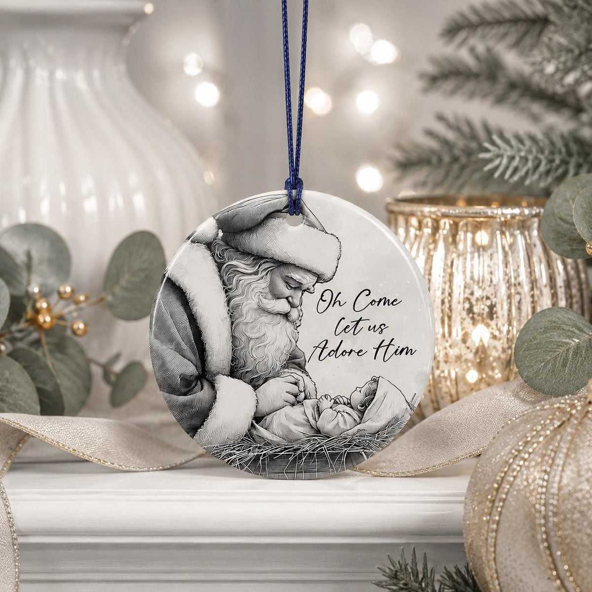 Adore Him Decor Santa And Baby Jesus Ornament, Glossy White Ceramic Keepsake