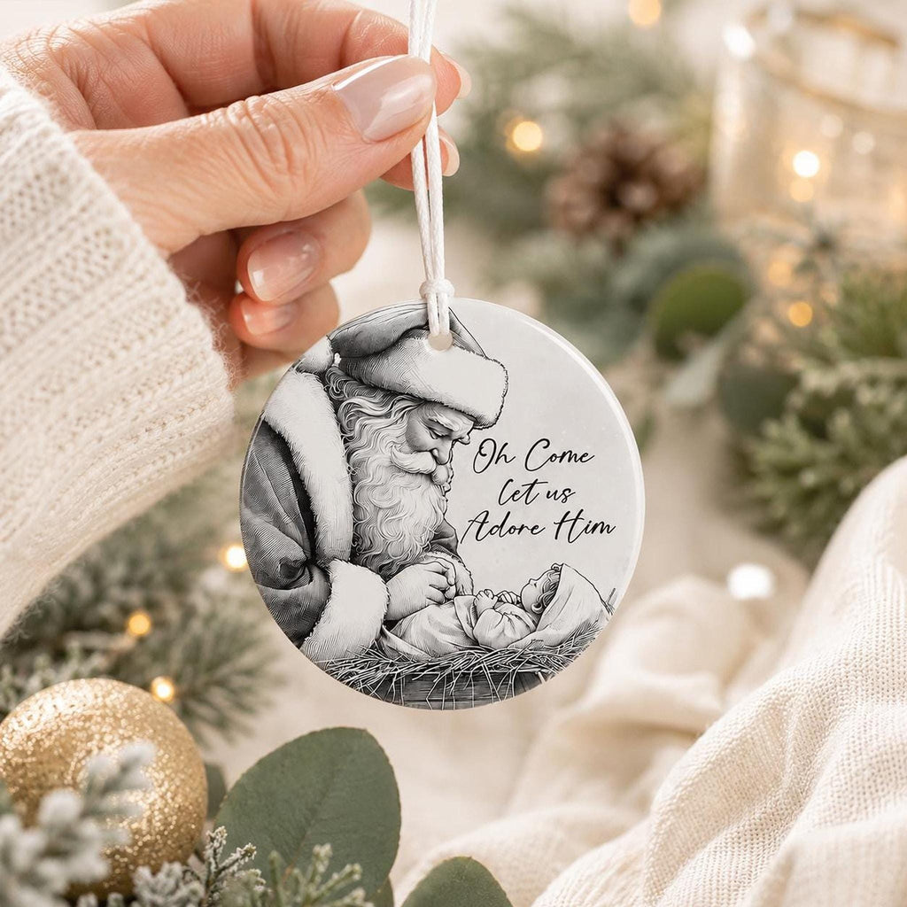 Adore Him Decor Santa And Baby Jesus Ornament, Glossy White Ceramic Keepsake