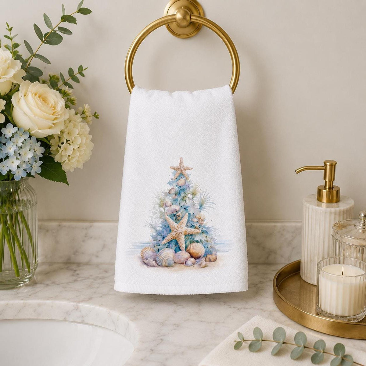 Coastal Christmas Hand Towel, Seashell Tree Decor, Starfish Holiday Accent, Beach Lover Gift