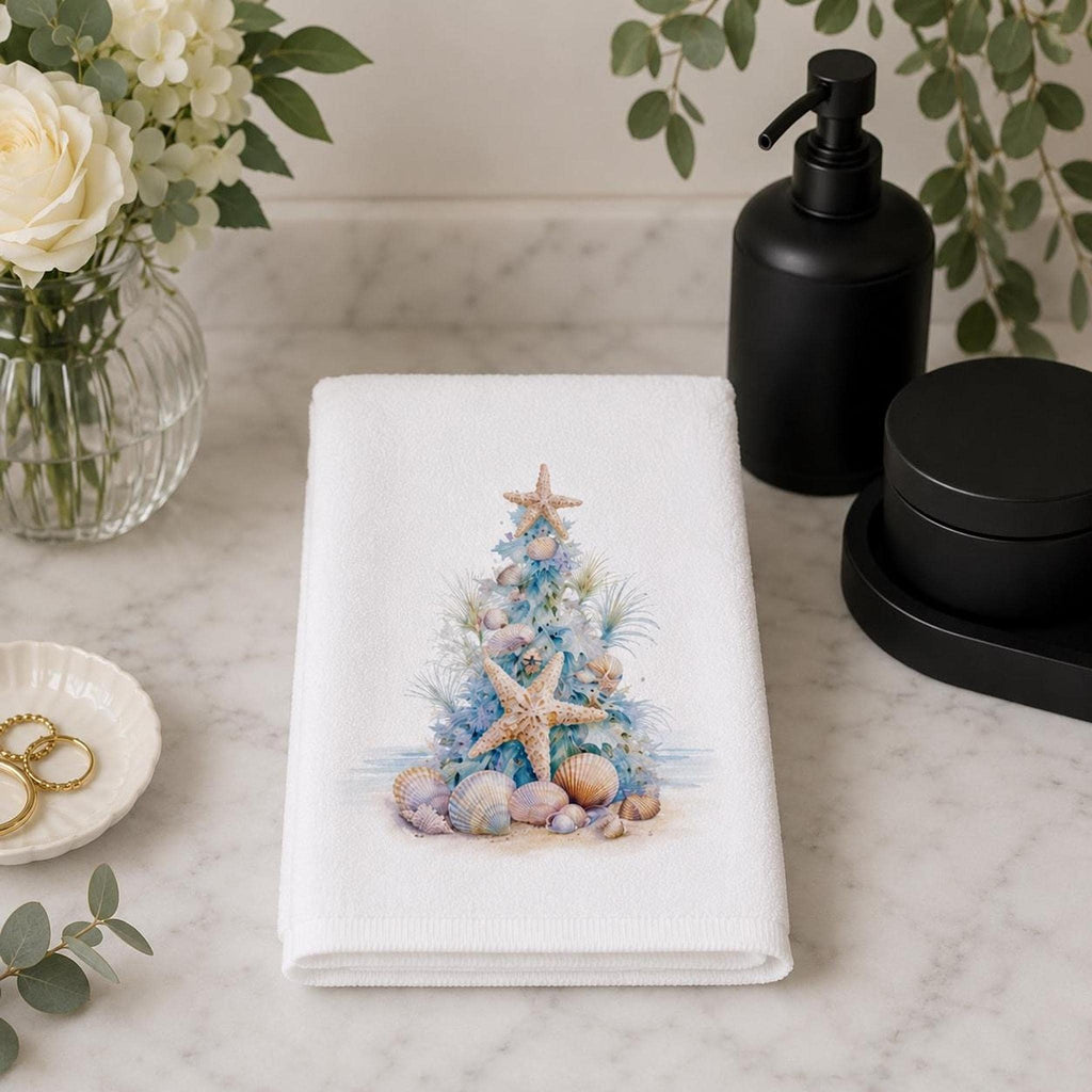Coastal Christmas Hand Towel, Seashell Tree Decor, Starfish Holiday Accent, Beach Lover Gift