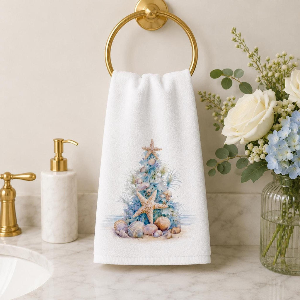 Coastal Christmas Hand Towel, Seashell Tree Decor, Starfish Holiday Accent, Beach Lover Gift