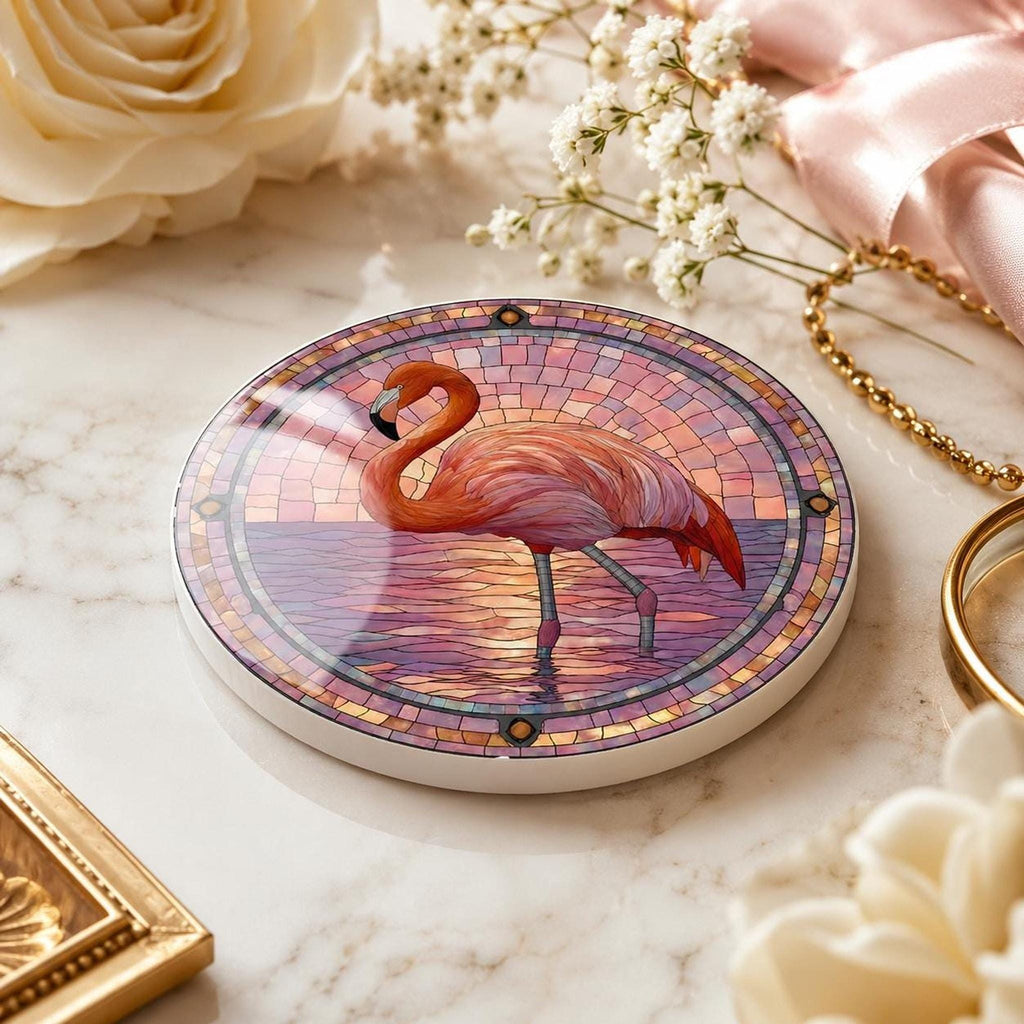Flamingo Table Decor Ceramic Coaster, Pink Mosaic Artwork with Cork Backing
