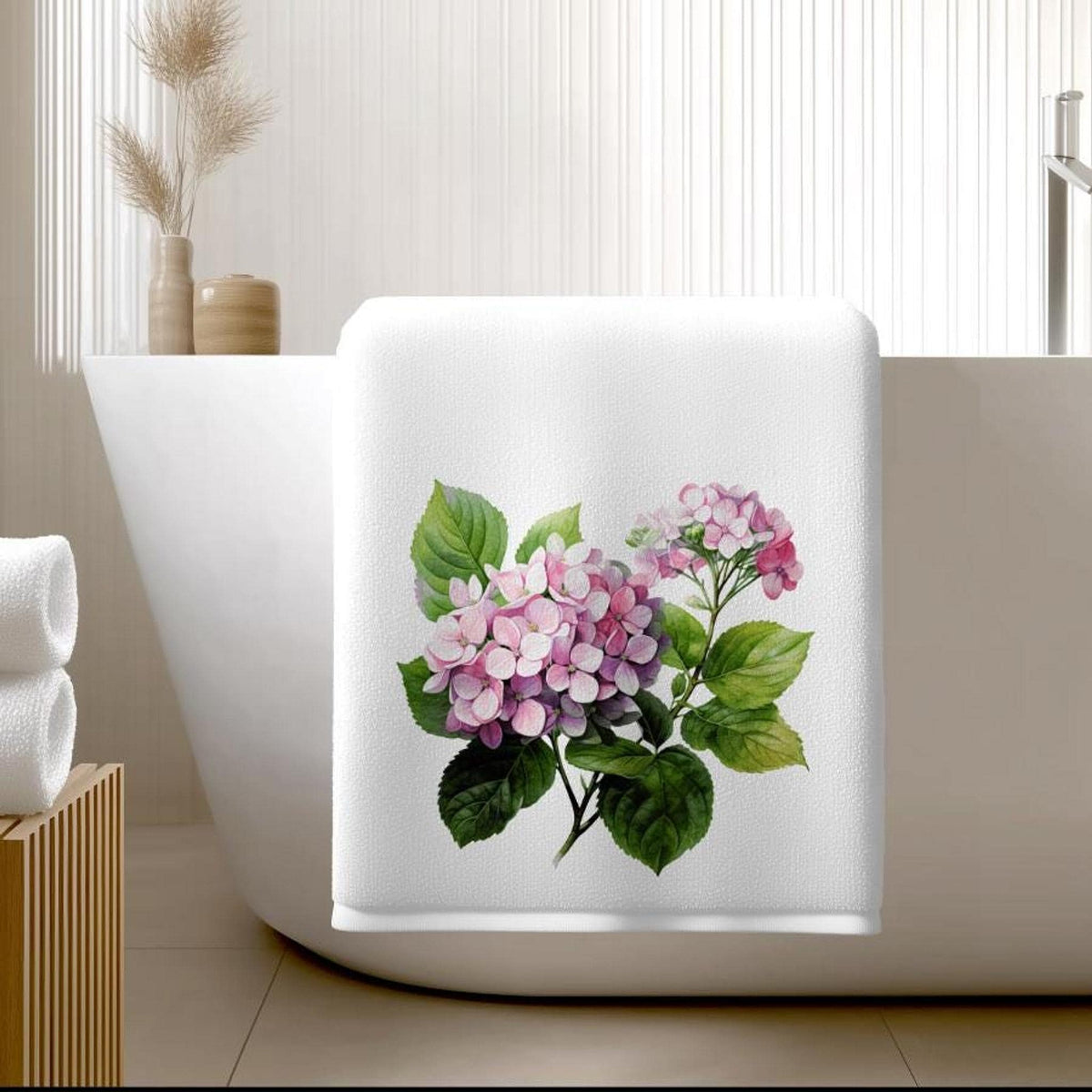 Pink Hydrangea Towel, Floral Bathroom Decor with Soft Cotton Terrycloth